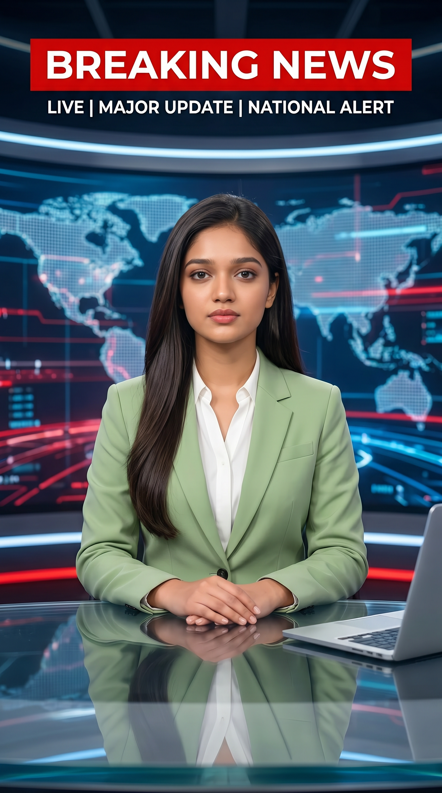 AI Design for Ultra-realistic Indian female news anchor sitting in a modern high-tech television news studio, professional navy blue blazer with white shirt, confident serious expression, looking directly at camera, glossy news desk with laptop, dramatic BREAKING NEWS panel on right side, bold red and black broadcast graphics, LED newsroom lighting, futuristic digital world map background, cinematic lighting, photorealistic skin details, television broadcast quality, Indian news channel aesthetic, breaking news headline in Hindi, large typography, premium newsroom environment, reflections on desk surface, sharp focus, depth of field, highly detailed, 8K, professional journalism, vertical composition. Headline Text: BREAKING NEWS Style: TV news broadcast, photorealistic, ultra detailed, cinematic, HDR, realistic newsroom, professional reporter, news channel graphics, red glowing accents, clean typography, modern media studio. Aspect Ratio: 9:16 (Instagram Reel) Camera: Medium shot, eye-level angle Lighting: Studio broadcast lighting, soft key light, rim light Quality: 8K, ultra realistic, sharp focus, photorealistic No watermark, no logo, no distorted text, no extra fingers, no blur cloth color: pista
not any wear ornaments, remove earings
remove hindi text
Straight body, straight face and straight hair
not any dot on face
not any hindi text in break news headline
must be breaking news headline on top center