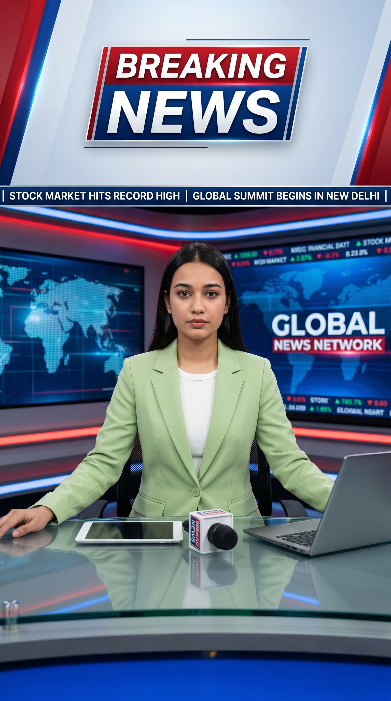 AI Design for Ultra-realistic Indian female news anchor sitting in a modern high-tech television news studio, professional navy blue blazer with white shirt, confident serious expression, looking directly at camera, glossy news desk with laptop, dramatic BREAKING NEWS panel on right side, bold red and black broadcast graphics, LED newsroom lighting, futuristic digital world map background, cinematic lighting, photorealistic skin details, television broadcast quality, Indian news channel aesthetic, breaking news headline in Hindi, large typography, premium newsroom environment, reflections on desk surface, sharp focus, depth of field, highly detailed, 8K, professional journalism, vertical composition. Headline Text: BREAKING NEWS Style: TV news broadcast, photorealistic, ultra detailed, cinematic, HDR, realistic newsroom, professional reporter, news channel graphics, red glowing accents, clean typography, modern media studio. Aspect Ratio: 9:16 (Instagram Reel) Camera: Medium shot, eye-level angle Lighting: Studio broadcast lighting, soft key light, rim light Quality: 8K, ultra realistic, sharp focus, photorealistic No watermark, no logo, no distorted text, no extra fingers, no blur cloth color: pista
not any wear ornaments, remove earings
remove hindi text
Straight body, straight face and straight hair
not any dot on face
not any hindi text in break news headline
must be breaking news headline on top center
remove hedline
site taqble