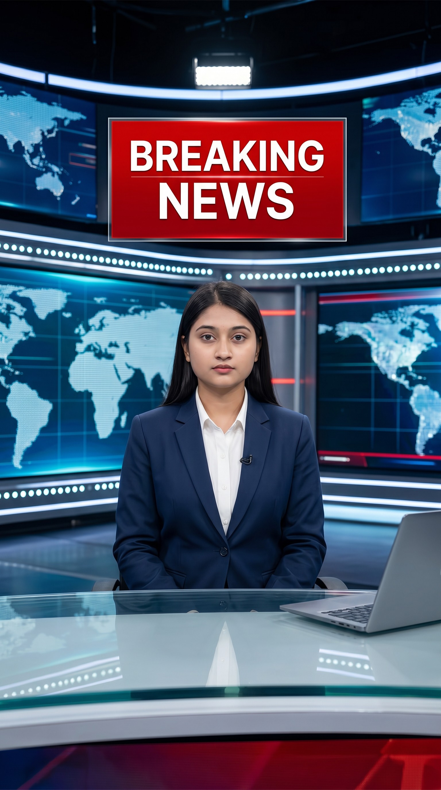 AI Design for Ultra-realistic Indian female news anchor sitting in a modern high-tech television news studio, professional navy blue blazer with white shirt, confident serious expression, looking directly at camera, glossy news desk with laptop, dramatic BREAKING NEWS panel on right side, bold red and black broadcast graphics, LED newsroom lighting, futuristic digital world map background, cinematic lighting, photorealistic skin details, television broadcast quality, Indian news channel aesthetic, breaking news headline in Hindi, large typography, premium newsroom environment, reflections on desk surface, sharp focus, depth of field, highly detailed, 8K, professional journalism, vertical composition. Headline Text: BREAKING NEWS Style: TV news broadcast, photorealistic, ultra detailed, cinematic, HDR, realistic newsroom, professional reporter, news channel graphics, red glowing accents, clean typography, modern media studio. Aspect Ratio: 9:16 (Instagram Reel) Camera: Medium shot, eye-level angle Lighting: Studio broadcast lighting, soft key light, rim light Quality: 8K, ultra realistic, sharp focus, photorealistic No watermark, no logo, no distorted text, no extra fingers, no blur cloth color: navy blue
not any wear ornaments, remove earings
remove hindi text
Straight body, straight face and straight hair
not any dot on face
not any hindi text in break news headline
must be breaking news headline on top center
remove hedline