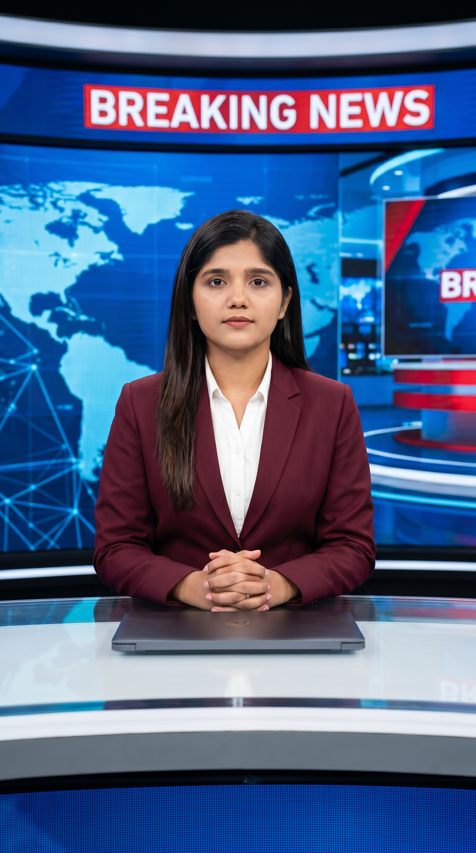 AI Design for Ultra-realistic Indian female news anchor sitting in a modern high-tech television news studio, professional navy blue blazer with white shirt, confident serious expression, looking directly at camera, glossy news desk with laptop, dramatic BREAKING NEWS panel on right side, bold red and black broadcast graphics, LED newsroom lighting, futuristic digital world map background, cinematic lighting, photorealistic skin details, television broadcast quality, Indian news channel aesthetic, breaking news headline in Hindi, large typography, premium newsroom environment, reflections on desk surface, sharp focus, depth of field, highly detailed, 8K, professional journalism, vertical composition. Headline Text: BREAKING NEWS Style: TV news broadcast, photorealistic, ultra detailed, cinematic, HDR, realistic newsroom, professional reporter, news channel graphics, red glowing accents, clean typography, modern media studio. Aspect Ratio: 9:16 (Instagram Reel) Camera: Medium shot, eye-level angle Lighting: Studio broadcast lighting, soft key light, rim light Quality: 8K, ultra realistic, sharp focus, photorealistic No watermark, no logo, no distorted text, no extra fingers, no blur cloth color: maron
not any wear ornaments, remove earings
remove hindi text
Straight body, straight face and straight hair
not any dot on face
not any hindi text in break news headline
must be breaking news headline on top center
sit on table & laptop