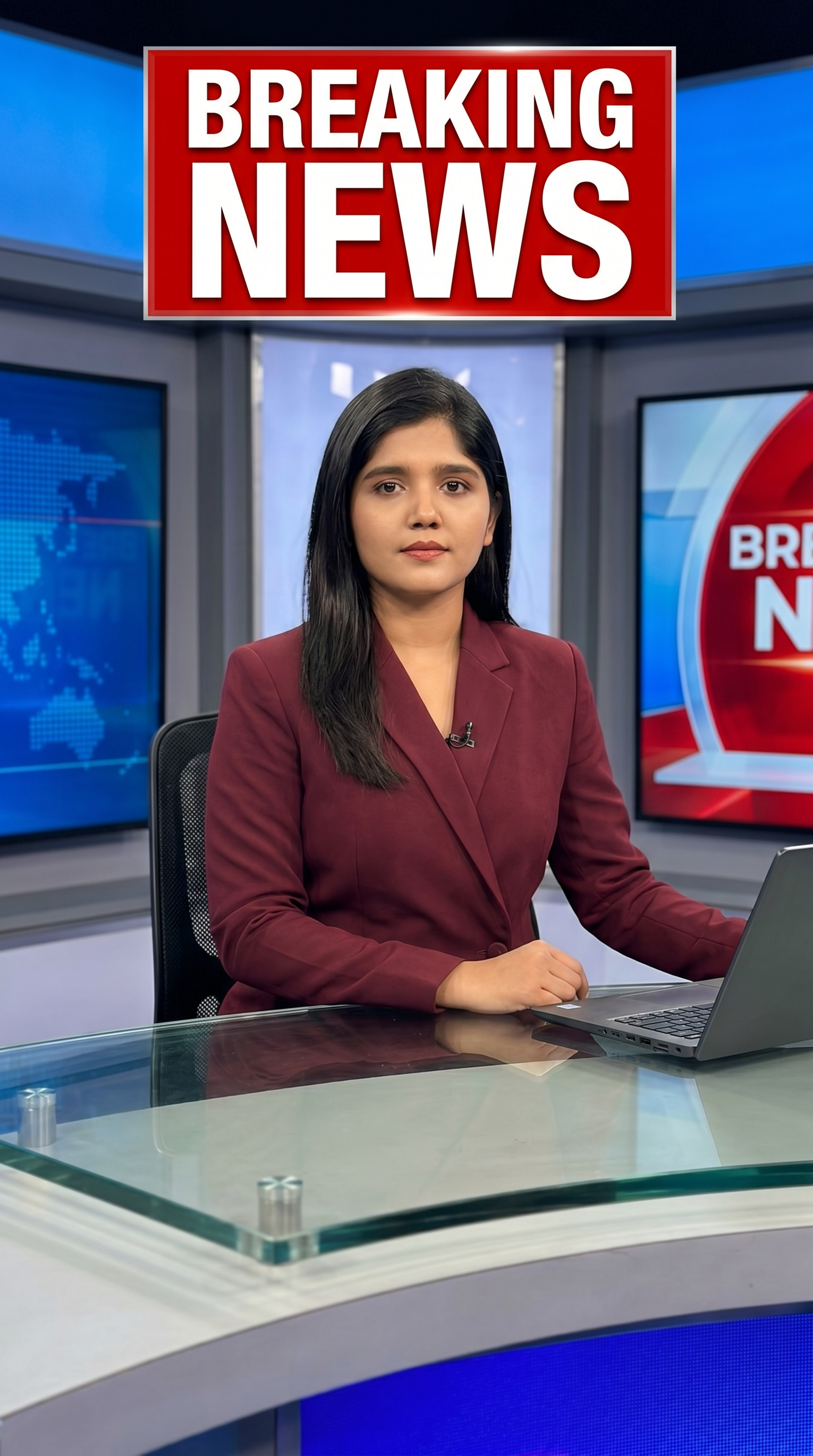 AI Design for Ultra-realistic Indian female news anchor sitting in a modern high-tech television news studio, professional navy blue blazer with white shirt, confident serious expression, looking directly at camera, glossy news desk with laptop, dramatic BREAKING NEWS panel on right side, bold red and black broadcast graphics, LED newsroom lighting, futuristic digital world map background, cinematic lighting, photorealistic skin details, television broadcast quality, Indian news channel aesthetic, breaking news headline in Hindi, large typography, premium newsroom environment, reflections on desk surface, sharp focus, depth of field, highly detailed, 8K, professional journalism, vertical composition. Headline Text: BREAKING NEWS Style: TV news broadcast, photorealistic, ultra detailed, cinematic, HDR, realistic newsroom, professional reporter, news channel graphics, red glowing accents, clean typography, modern media studio. Aspect Ratio: 9:16 (Instagram Reel) Camera: Medium shot, eye-level angle Lighting: Studio broadcast lighting, soft key light, rim light Quality: 8K, ultra realistic, sharp focus, photorealistic No watermark, no logo, no distorted text, no extra fingers, no blur cloth color: maron
not any wear ornaments, remove earings
remove hindi text
Straight body, straight face and straight hair
not any dot on face
not any hindi text in break news headline
must be breaking news headline on top center
sit on table