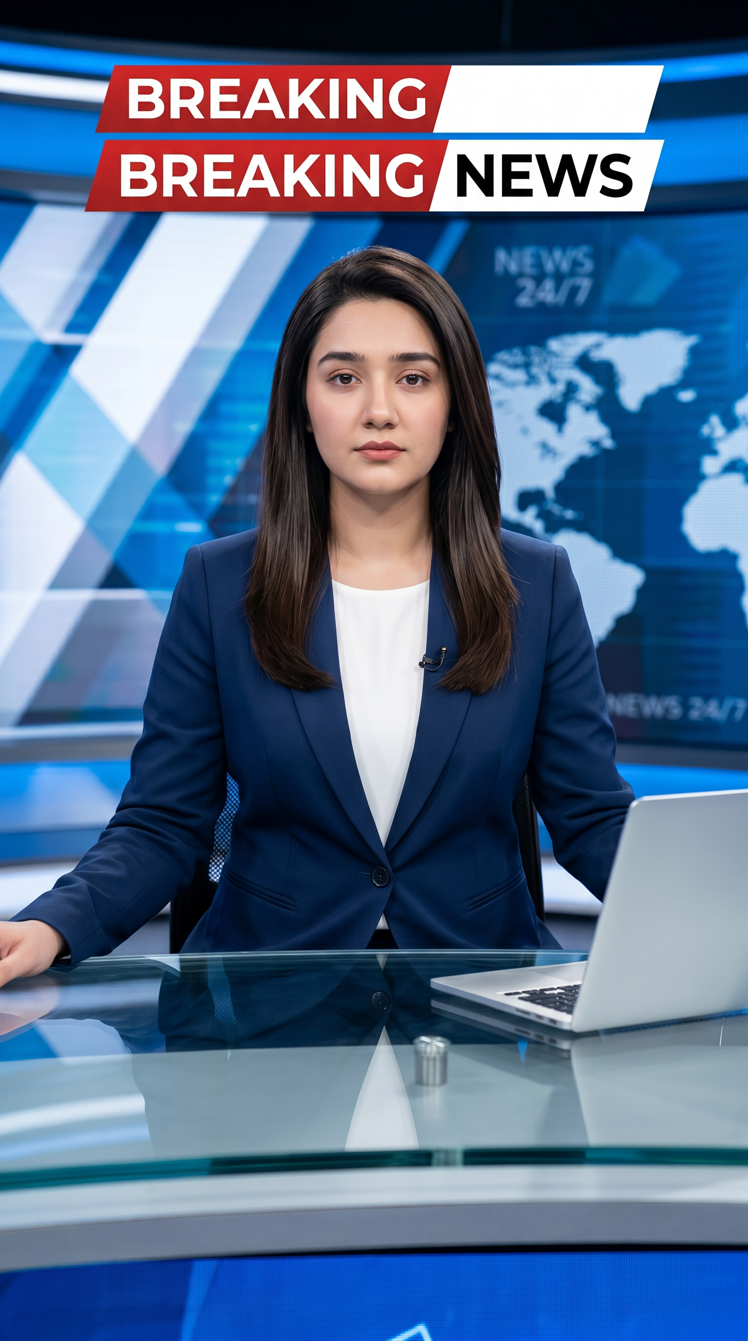 AI Design for Ultra-realistic Indian female news anchor sitting in a modern high-tech television news studio, professional navy blue blazer with white shirt, confident serious expression, looking directly at camera, glossy news desk with laptop, dramatic BREAKING NEWS panel on right side, bold red and black broadcast graphics, LED newsroom lighting, futuristic digital world map background, cinematic lighting, photorealistic skin details, television broadcast quality, Indian news channel aesthetic, breaking news headline in Hindi, large typography, premium newsroom environment, reflections on desk surface, sharp focus, depth of field, highly detailed, 8K, professional journalism, vertical composition. Headline Text: BREAKING NEWS Style: TV news broadcast, photorealistic, ultra detailed, cinematic, HDR, realistic newsroom, professional reporter, news channel graphics, red glowing accents, clean typography, modern media studio. Aspect Ratio: 9:16 (Instagram Reel) Camera: Medium shot, eye-level angle Lighting: Studio broadcast lighting, soft key light, rim light Quality: 8K, ultra realistic, sharp focus, photorealistic No watermark, no logo, no distorted text, no extra fingers, no blur cloth color: navy blue
not any wear ornaments, remove earings
remove hindi text
Straight body, straight face and straight hair
not any dot on face
not any hindi text in break news headline
must be breaking news headline on top center
remove all hedline