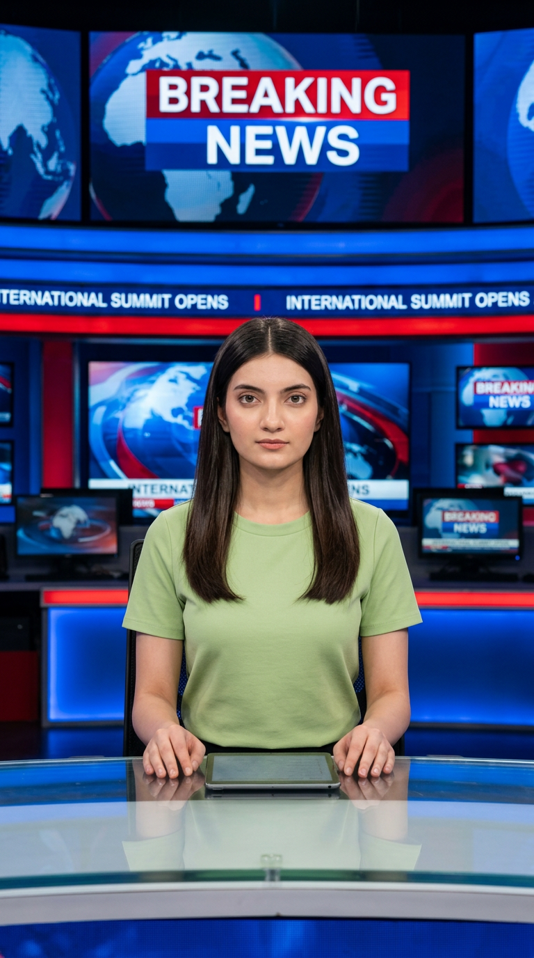 AI Design for Ultra-realistic Indian female news anchor sitting in a modern high-tech television news studio, professional navy blue blazer with white shirt, confident serious expression, looking directly at camera, glossy news desk with laptop, dramatic BREAKING NEWS panel on right side, bold red and black broadcast graphics, LED newsroom lighting, futuristic digital world map background, cinematic lighting, photorealistic skin details, television broadcast quality, Indian news channel aesthetic, breaking news headline in Hindi, large typography, premium newsroom environment, reflections on desk surface, sharp focus, depth of field, highly detailed, 8K, professional journalism, vertical composition. Headline Text: BREAKING NEWS Style: TV news broadcast, photorealistic, ultra detailed, cinematic, HDR, realistic newsroom, professional reporter, news channel graphics, red glowing accents, clean typography, modern media studio. Aspect Ratio: 9:16 (Instagram Reel) Camera: Medium shot, eye-level angle Lighting: Studio broadcast lighting, soft key light, rim light Quality: 8K, ultra realistic, sharp focus, photorealistic No watermark, no logo, no distorted text, no extra fingers, no blur cloth color: pista
not any wear ornaments, remove earings
remove hindi text
Straight body, straight face and straight hair
not any dot on face
not any hindi text in break news headline
must be breaking news headline on top center