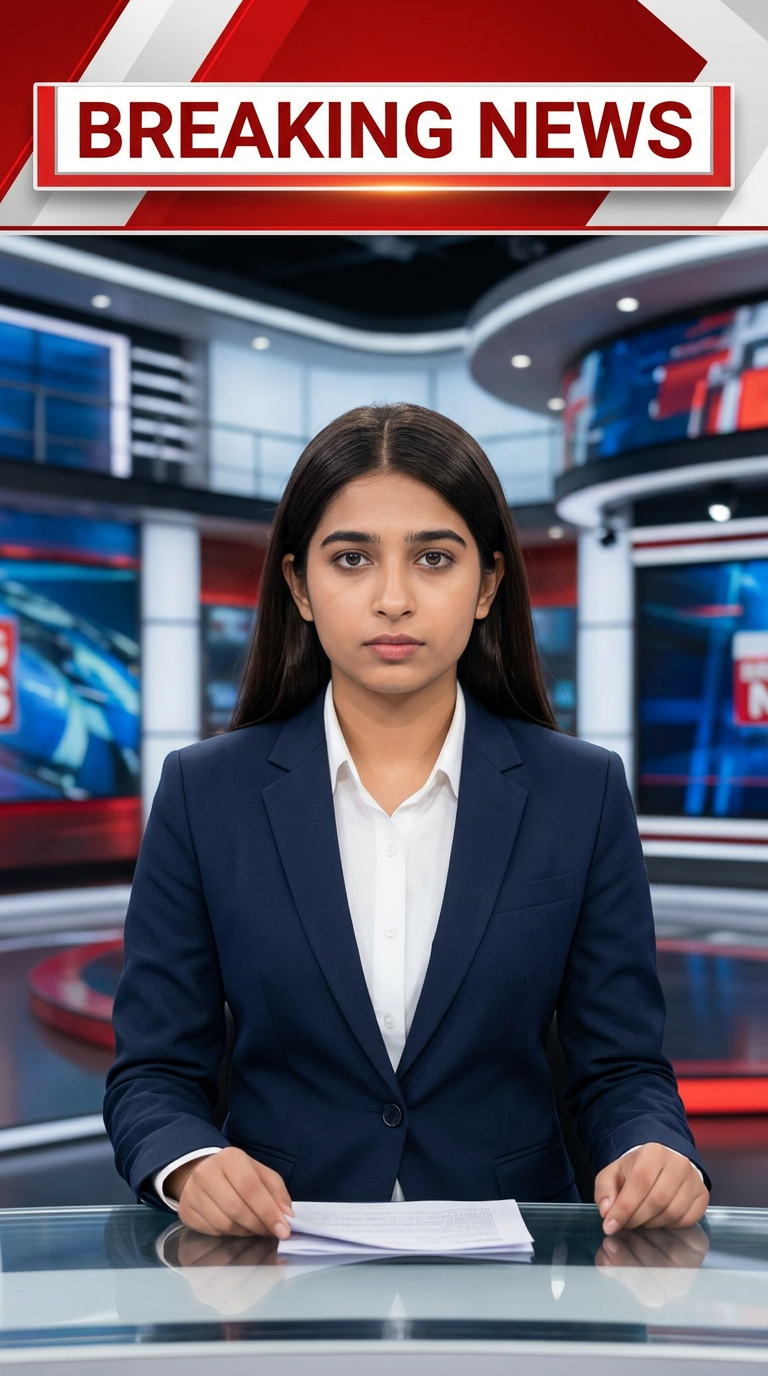 AI Design for Ultra-realistic Indian female news anchor sitting in a modern high-tech television news studio, professional navy blue blazer with white shirt, confident serious expression, looking directly at camera, glossy news desk with laptop, dramatic BREAKING NEWS panel on right side, bold red and black broadcast graphics, LED newsroom lighting, futuristic digital world map background, cinematic lighting, photorealistic skin details, television broadcast quality, Indian news channel aesthetic, breaking news headline in Hindi, large typography, premium newsroom environment, reflections on desk surface, sharp focus, depth of field, highly detailed, 8K, professional journalism, vertical composition. Headline Text: BREAKING NEWS Style: TV news broadcast, photorealistic, ultra detailed, cinematic, HDR, realistic newsroom, professional reporter, news channel graphics, red glowing accents, clean typography, modern media studio. Aspect Ratio: 9:16 (Instagram Reel) Camera: Medium shot, eye-level angle Lighting: Studio broadcast lighting, soft key light, rim light Quality: 8K, ultra realistic, sharp focus, photorealistic No watermark, no logo, no distorted text, no extra fingers, no blur cloth color: nevy blue
not any wear ornaments, remove earings
remove hindi text
Straight body, straight face and straight hair
not any dot on face
not any hindi text in break news headline
must be breaking news headline on top center
remove left side hand