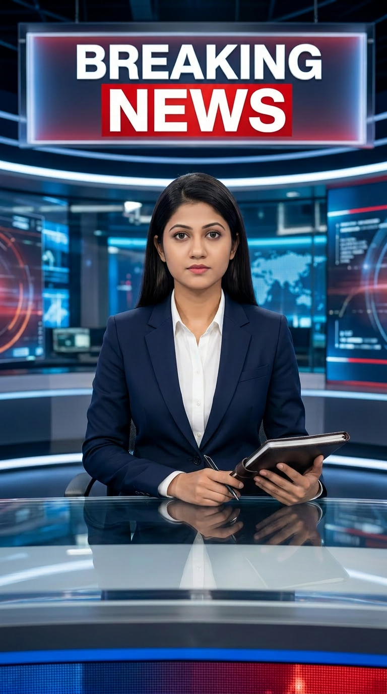 AI Design for Ultra-realistic Indian female news anchor sitting in a modern high-tech television news studio, professional navy blue blazer with white shirt, confident serious expression, looking directly at camera, glossy news desk with laptop, dramatic BREAKING NEWS panel on right side, bold red and black broadcast graphics, LED newsroom lighting, futuristic digital world map background, cinematic lighting, photorealistic skin details, television broadcast quality, Indian news channel aesthetic, breaking news headline in Hindi, large typography, premium newsroom environment, reflections on desk surface, sharp focus, depth of field, highly detailed, 8K, professional journalism, vertical composition. Headline Text: BREAKING NEWS Style: TV news broadcast, photorealistic, ultra detailed, cinematic, HDR, realistic newsroom, professional reporter, news channel graphics, red glowing accents, clean typography, modern media studio. Aspect Ratio: 9:16 (Instagram Reel) Camera: Medium shot, eye-level angle Lighting: Studio broadcast lighting, soft key light, rim light Quality: 8K, ultra realistic, sharp focus, photorealistic No watermark, no logo, no distorted text, no extra fingers, no blur cloth color: nevy blue
not any wear ornaments, remove earings
remove hindi text
Straight body, straight face and straight hair
not any dot on face
not any hindi text in break news headline
must be breaking news headline on top center
remove left side hand