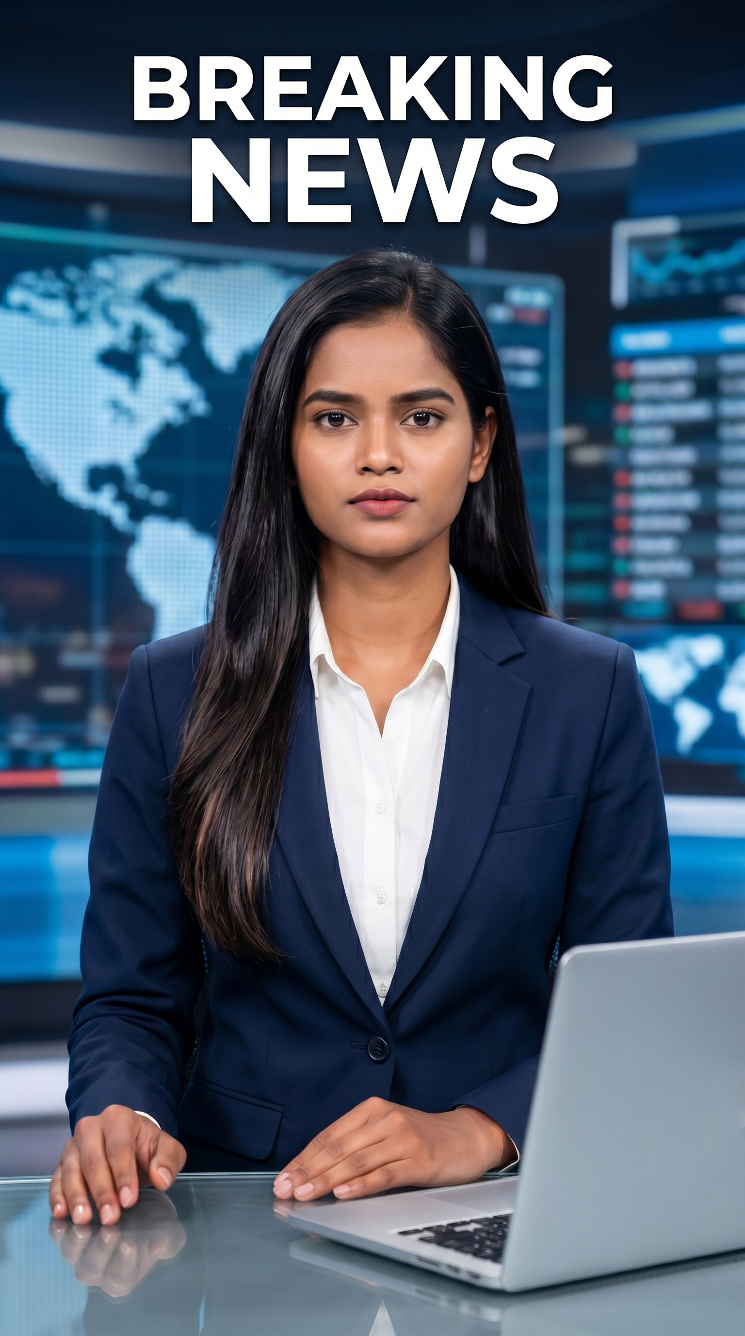 AI Design for Ultra-realistic Indian female news anchor sitting in a modern high-tech television news studio, professional navy blue blazer with white shirt, confident serious expression, looking directly at camera, glossy news desk with laptop, dramatic BREAKING NEWS panel on right side, bold red and black broadcast graphics, LED newsroom lighting, futuristic digital world map background, cinematic lighting, photorealistic skin details, television broadcast quality, Indian news channel aesthetic, breaking news headline in Hindi, large typography, premium newsroom environment, reflections on desk surface, sharp focus, depth of field, highly detailed, 8K, professional journalism, vertical composition. Headline Text: BREAKING NEWS Style: TV news broadcast, photorealistic, ultra detailed, cinematic, HDR, realistic newsroom, professional reporter, news channel graphics, red glowing accents, clean typography, modern media studio. Aspect Ratio: 9:16 (Instagram Reel) Camera: Medium shot, eye-level angle Lighting: Studio broadcast lighting, soft key light, rim light Quality: 8K, ultra realistic, sharp focus, photorealistic No watermark, no logo, no distorted text, no extra fingers, no blur cloth color: navy blue
not any wear ornaments, remove earings
remove hindi text
Straight body, straight face and straight hair
not any dot on face
not any hindi text in break news headline
must be breaking news headline on top center
open laptop on back side