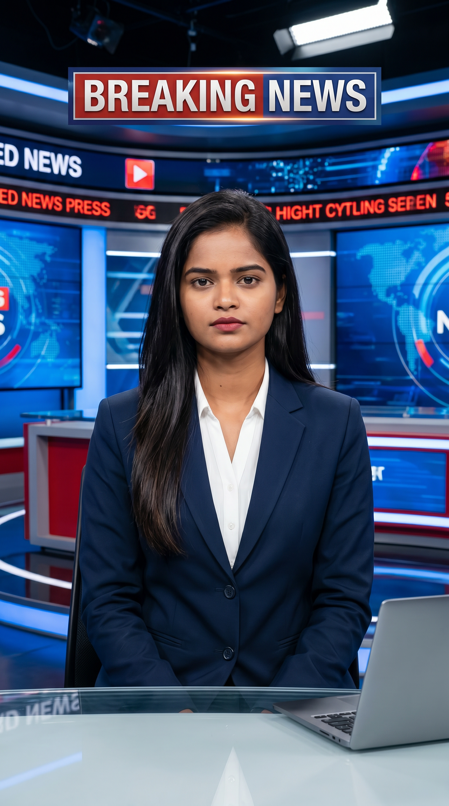 AI Design for Ultra-realistic Indian female news anchor sitting in a modern high-tech television news studio, professional navy blue blazer with white shirt, confident serious expression, looking directly at camera, glossy news desk with laptop, dramatic BREAKING NEWS panel on right side, bold red and black broadcast graphics, LED newsroom lighting, futuristic digital world map background, cinematic lighting, photorealistic skin details, television broadcast quality, Indian news channel aesthetic, breaking news headline in Hindi, large typography, premium newsroom environment, reflections on desk surface, sharp focus, depth of field, highly detailed, 8K, professional journalism, vertical composition. Headline Text: BREAKING NEWS Style: TV news broadcast, photorealistic, ultra detailed, cinematic, HDR, realistic newsroom, professional reporter, news channel graphics, red glowing accents, clean typography, modern media studio. Aspect Ratio: 9:16 (Instagram Reel) Camera: Medium shot, eye-level angle Lighting: Studio broadcast lighting, soft key light, rim light Quality: 8K, ultra realistic, sharp focus, photorealistic No watermark, no logo, no distorted text, no extra fingers, no blur cloth color: navy blue
not any wear ornaments, remove earings
remove hindi text
Straight body, straight face and straight hair
not any dot on face
not any hindi text in break news headline
must be breaking news headline on top center