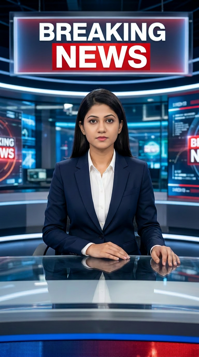 AI Design for Ultra-realistic Indian female news anchor sitting in a modern high-tech television news studio, professional navy blue blazer with white shirt, confident serious expression, looking directly at camera, glossy news desk with laptop, dramatic BREAKING NEWS panel on right side, bold red and black broadcast graphics, LED newsroom lighting, futuristic digital world map background, cinematic lighting, photorealistic skin details, television broadcast quality, Indian news channel aesthetic, breaking news headline in Hindi, large typography, premium newsroom environment, reflections on desk surface, sharp focus, depth of field, highly detailed, 8K, professional journalism, vertical composition. Headline Text: BREAKING NEWS Style: TV news broadcast, photorealistic, ultra detailed, cinematic, HDR, realistic newsroom, professional reporter, news channel graphics, red glowing accents, clean typography, modern media studio. Aspect Ratio: 9:16 (Instagram Reel) Camera: Medium shot, eye-level angle Lighting: Studio broadcast lighting, soft key light, rim light Quality: 8K, ultra realistic, sharp focus, photorealistic No watermark, no logo, no distorted text, no extra fingers, no blur cloth color: nevy blue
not any wear ornaments, remove earings
remove hindi text
Straight body, straight face and straight hair
not any dot on face
not any hindi text in break news headline
must be breaking news headline on top center
remove left side hand