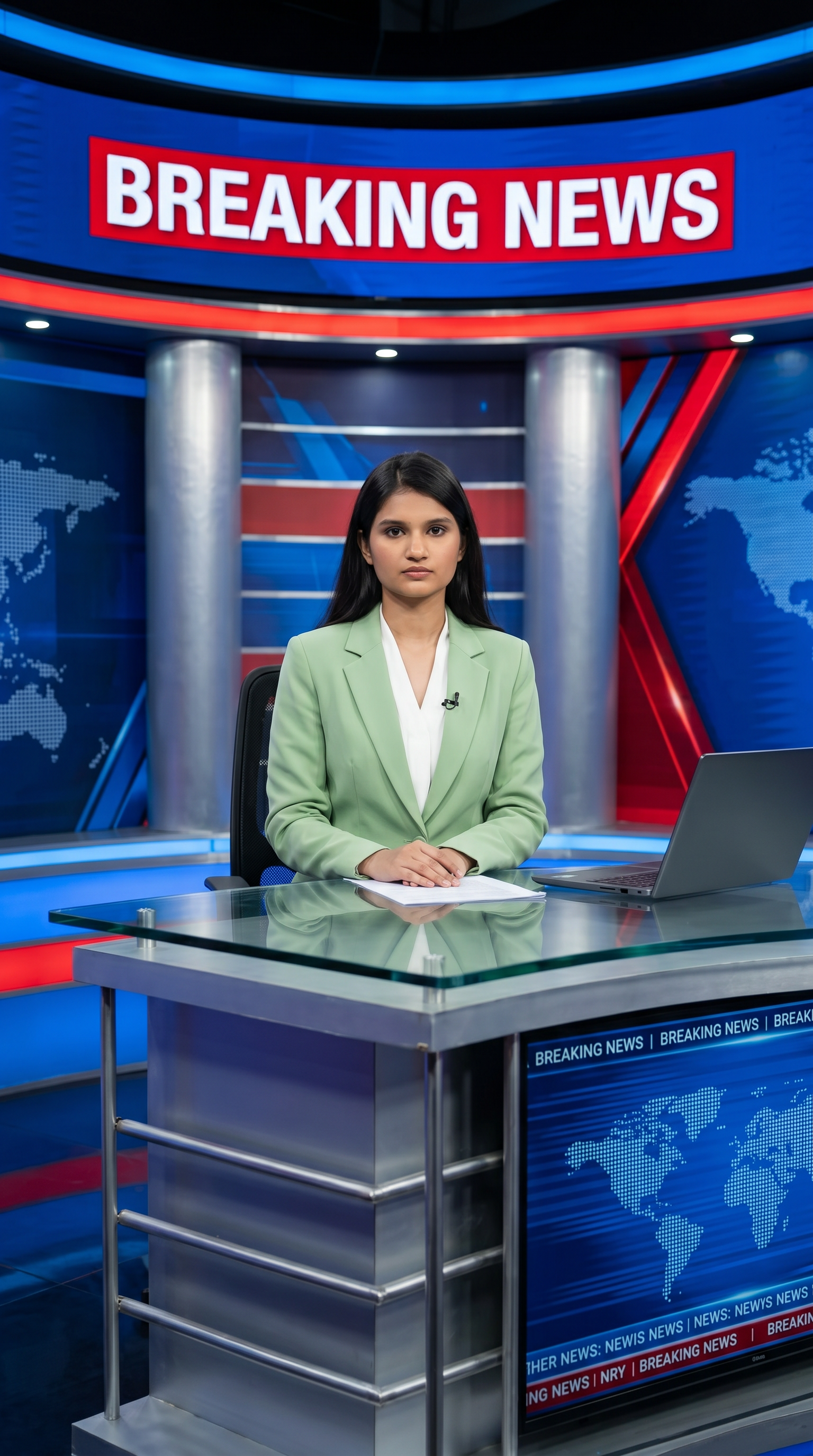 AI Design for Ultra-realistic Indian female news anchor sitting in a modern high-tech television news studio, professional navy blue blazer with white shirt, confident serious expression, looking directly at camera, glossy news desk with laptop, dramatic BREAKING NEWS panel on right side, bold red and black broadcast graphics, LED newsroom lighting, futuristic digital world map background, cinematic lighting, photorealistic skin details, television broadcast quality, Indian news channel aesthetic, breaking news headline in Hindi, large typography, premium newsroom environment, reflections on desk surface, sharp focus, depth of field, highly detailed, 8K, professional journalism, vertical composition. Headline Text: BREAKING NEWS Style: TV news broadcast, photorealistic, ultra detailed, cinematic, HDR, realistic newsroom, professional reporter, news channel graphics, red glowing accents, clean typography, modern media studio. Aspect Ratio: 9:16 (Instagram Reel) Camera: Medium shot, eye-level angle Lighting: Studio broadcast lighting, soft key light, rim light Quality: 8K, ultra realistic, sharp focus, photorealistic No watermark, no logo, no distorted text, no extra fingers, no blur cloth color: pista
not any wear ornaments, remove earings
remove hindi text
Straight body, straight face and straight hair
not any dot on face
not any hindi text in break news headline
must be breaking news headline on top center