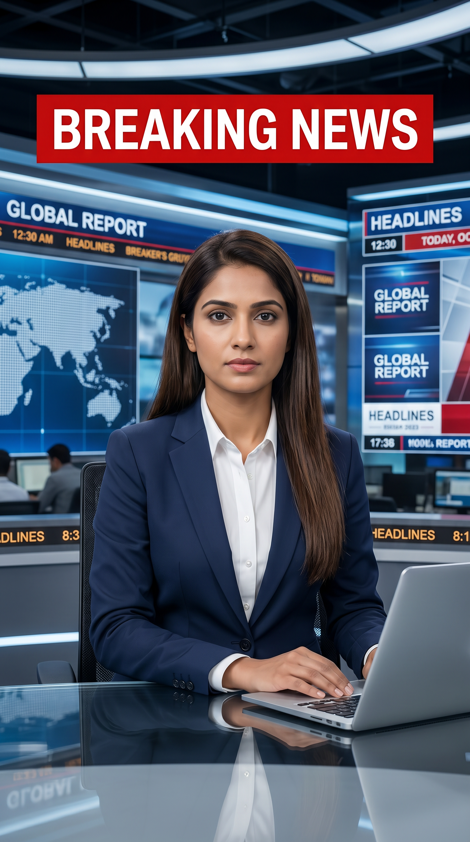 AI Design for Ultra-realistic Indian female news anchor sitting in a modern high-tech television news studio, professional navy blue blazer with white shirt, confident serious expression, looking directly at camera, glossy news desk with laptop, dramatic BREAKING NEWS panel on right side, bold red and black broadcast graphics, LED newsroom lighting, futuristic digital world map background, cinematic lighting, photorealistic skin details, television broadcast quality, Indian news channel aesthetic, breaking news headline in Hindi, large typography, premium newsroom environment, reflections on desk surface, sharp focus, depth of field, highly detailed, 8K, professional journalism, vertical composition. Headline Text: BREAKING NEWS Style: TV news broadcast, photorealistic, ultra detailed, cinematic, HDR, realistic newsroom, professional reporter, news channel graphics, red glowing accents, clean typography, modern media studio. Aspect Ratio: 9:16 (Instagram Reel) Camera: Medium shot, eye-level angle Lighting: Studio broadcast lighting, soft key light, rim light Quality: 8K, ultra realistic, sharp focus, photorealistic No watermark, no logo, no distorted text, no extra fingers, no blur cloth color: navy blue
not any wear ornaments, remove earings
remove hindi text
Straight body, straight face and straight hair
not any dot on face
not any hindi text in break news headline
must be breaking news headline on top center
remove hedline
must be breaking news headline top center above image generate