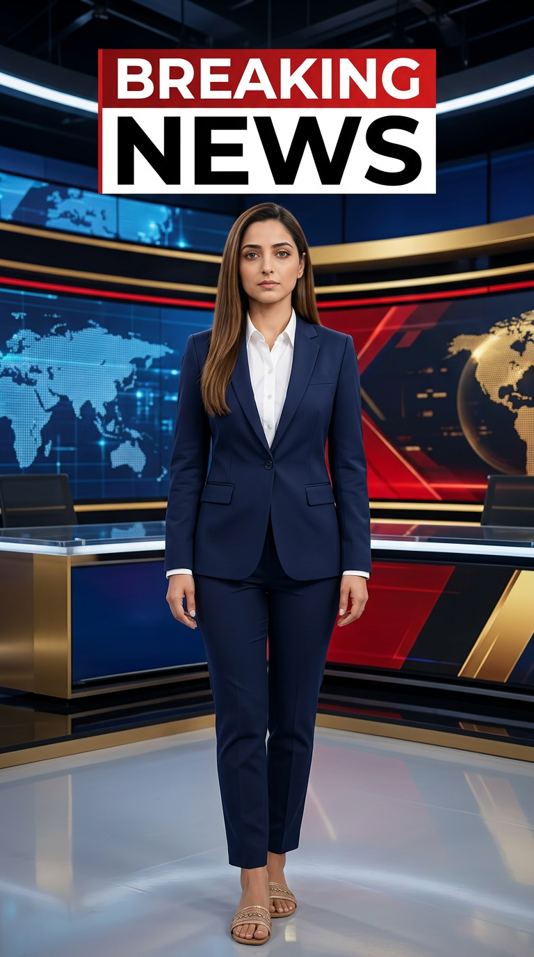 AI Design for Ultra-realistic Indian female news anchor sitting in a modern high-tech television news studio, professional navy blue blazer with white shirt, confident serious expression, looking directly at camera, glossy news desk with laptop, dramatic BREAKING NEWS panel on right side, bold red and black broadcast graphics, LED newsroom lighting, futuristic digital world map background, cinematic lighting, photorealistic skin details, television broadcast quality, Indian news channel aesthetic, breaking news headline in Hindi, large typography, premium newsroom environment, reflections on desk surface, sharp focus, depth of field, highly detailed, 8K, professional journalism, vertical composition. Headline Text: BREAKING NEWS Style: TV news broadcast, photorealistic, ultra detailed, cinematic, HDR, realistic newsroom, professional reporter, news channel graphics, red glowing accents, clean typography, modern media studio. Aspect Ratio: 9:16 (Instagram Reel) Camera: Medium shot, eye-level angle Lighting: Studio broadcast lighting, soft key light, rim light Quality: 8K, ultra realistic, sharp focus, photorealistic No watermark, no logo, no distorted text, no extra fingers, no blur cloth color: pista
not any wear ornaments, remove earings
remove hindi text
Straight body, straight face and straight hair
not any dot on face
not any hindi text in break news headline
must be breaking news headline on top center