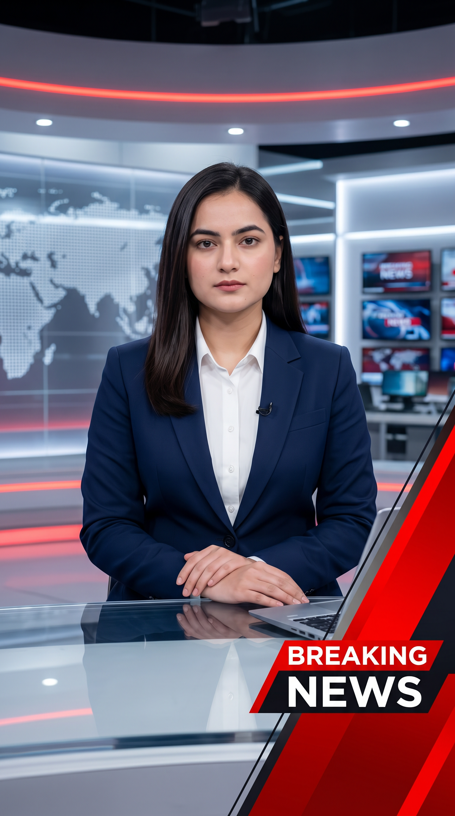 AI Design for Ultra-realistic Indian female news anchor sitting in a modern high-tech television news studio, professional navy blue blazer with white shirt, confident serious expression, looking directly at camera, glossy news desk with laptop, dramatic BREAKING NEWS panel on right side, bold red and black broadcast graphics, LED newsroom lighting, futuristic digital world map background, cinematic lighting, photorealistic skin details, television broadcast quality, Indian news channel aesthetic, breaking news headline in Hindi, large typography, premium newsroom environment, reflections on desk surface, sharp focus, depth of field, highly detailed, 8K, professional journalism, vertical composition. Headline Text: BREAKING NEWS Style: TV news broadcast, photorealistic, ultra detailed, cinematic, HDR, realistic newsroom, professional reporter, news channel graphics, red glowing accents, clean typography, modern media studio. Aspect Ratio: 9:16 (Instagram Reel) Camera: Medium shot, eye-level angle Lighting: Studio broadcast lighting, soft key light, rim light Quality: 8K, ultra realistic, sharp focus, photorealistic No watermark, no logo, no distorted text, no extra fingers, no blur cloth color: navy blue
not any wear ornaments, remove earings
remove hindi text
Straight body, straight face and straight hair
not any dot on face
not any hindi text in break news headline
must be breaking news headline on top center
remove hedline