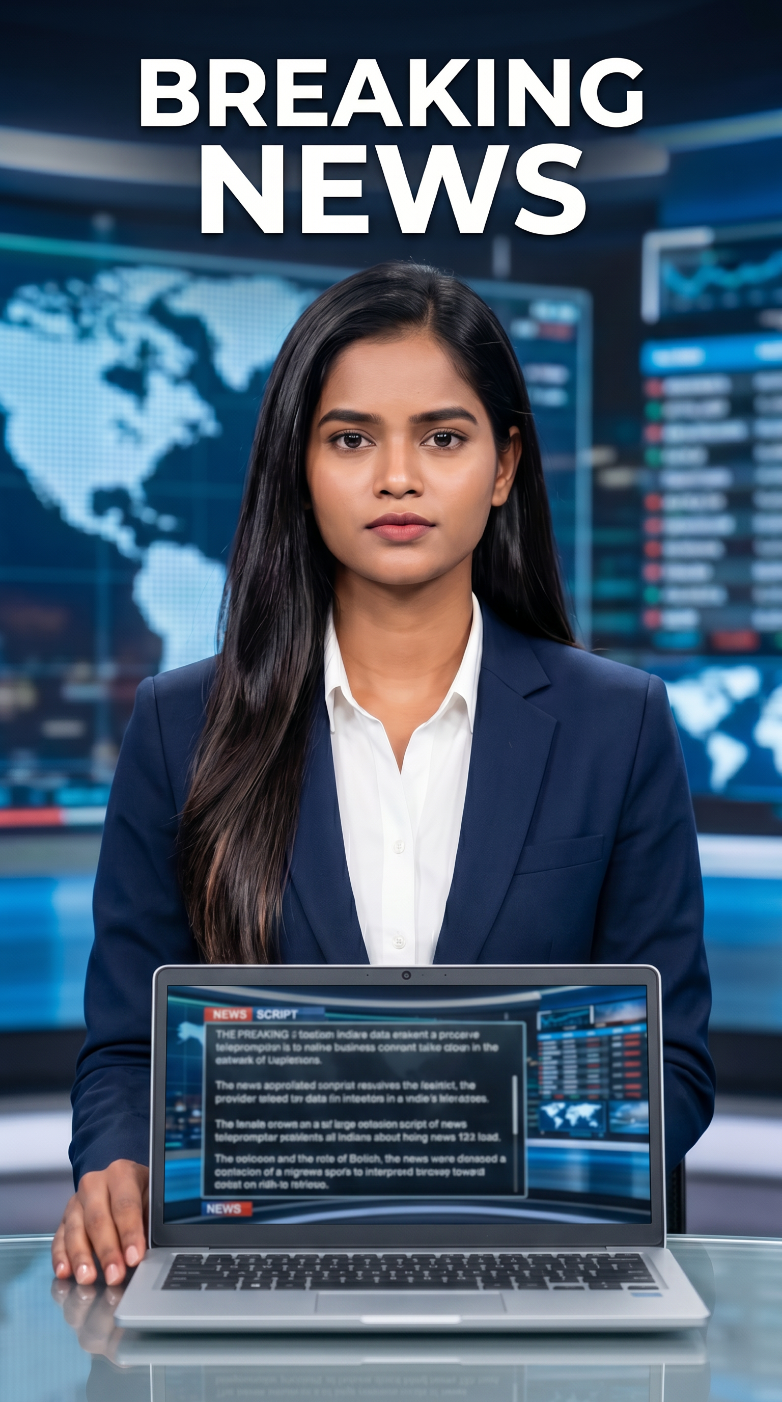 AI Design for Ultra-realistic Indian female news anchor sitting in a modern high-tech television news studio, professional navy blue blazer with white shirt, confident serious expression, looking directly at camera, glossy news desk with laptop, dramatic BREAKING NEWS panel on right side, bold red and black broadcast graphics, LED newsroom lighting, futuristic digital world map background, cinematic lighting, photorealistic skin details, television broadcast quality, Indian news channel aesthetic, breaking news headline in Hindi, large typography, premium newsroom environment, reflections on desk surface, sharp focus, depth of field, highly detailed, 8K, professional journalism, vertical composition. Headline Text: BREAKING NEWS Style: TV news broadcast, photorealistic, ultra detailed, cinematic, HDR, realistic newsroom, professional reporter, news channel graphics, red glowing accents, clean typography, modern media studio. Aspect Ratio: 9:16 (Instagram Reel) Camera: Medium shot, eye-level angle Lighting: Studio broadcast lighting, soft key light, rim light Quality: 8K, ultra realistic, sharp focus, photorealistic No watermark, no logo, no distorted text, no extra fingers, no blur cloth color: navy blue
not any wear ornaments, remove earings
remove hindi text
Straight body, straight face and straight hair
not any dot on face
not any hindi text in break news headline
must be breaking news headline on top center
open laptop