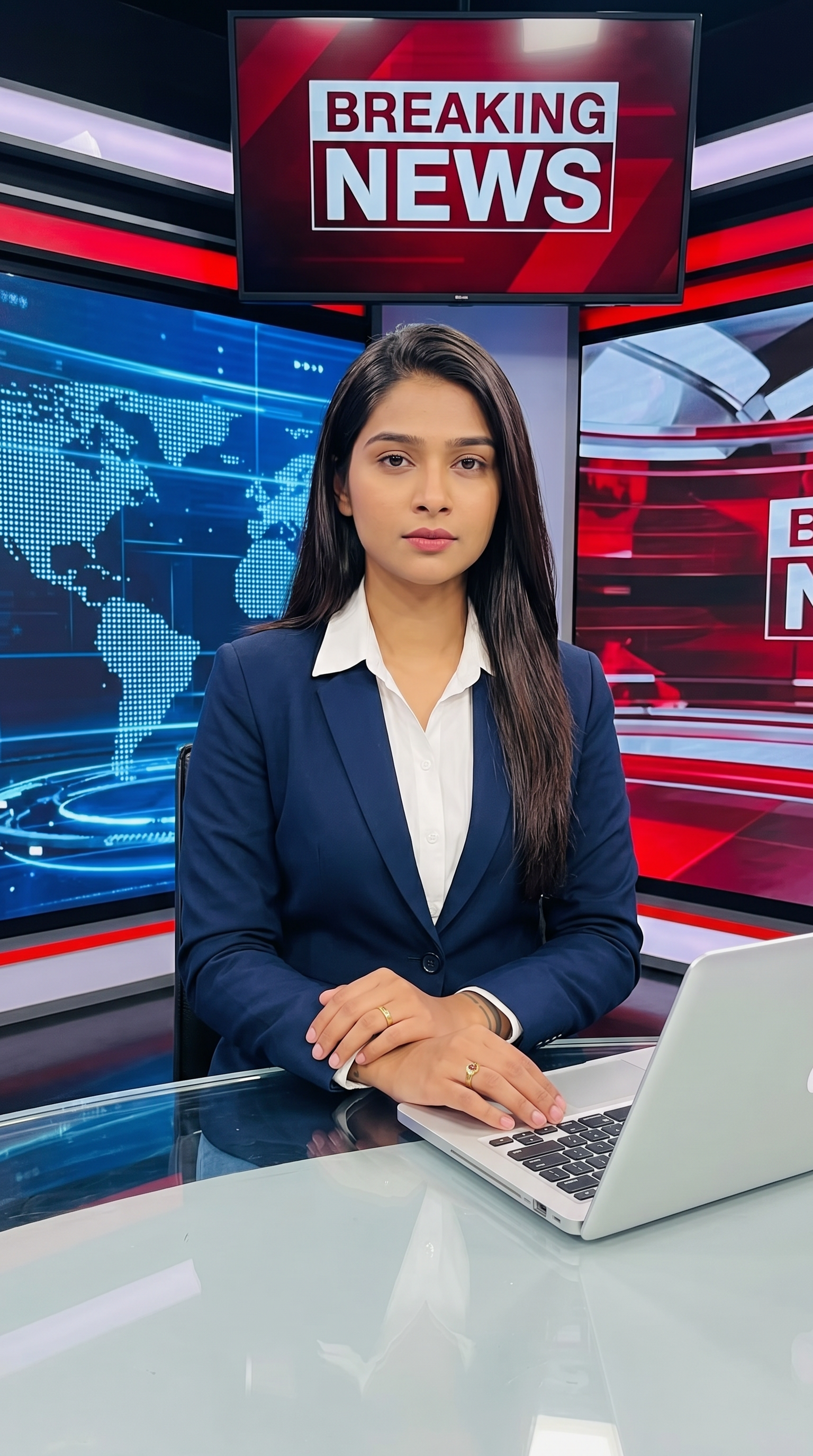AI Design for Ultra-realistic Indian female news anchor sitting in a modern high-tech television news studio, professional navy blue blazer with white shirt, confident serious expression, looking directly at camera, glossy news desk with laptop, dramatic BREAKING NEWS panel on right side, bold red and black broadcast graphics, LED newsroom lighting, futuristic digital world map background, cinematic lighting, photorealistic skin details, television broadcast quality, Indian news channel aesthetic, breaking news headline in Hindi, large typography, premium newsroom environment, reflections on desk surface, sharp focus, depth of field, highly detailed, 8K, professional journalism, vertical composition. Headline Text: BREAKING NEWS Style: TV news broadcast, photorealistic, ultra detailed, cinematic, HDR, realistic newsroom, professional reporter, news channel graphics, red glowing accents, clean typography, modern media studio. Aspect Ratio: 9:16 (Instagram Reel) Camera: Medium shot, eye-level angle Lighting: Studio broadcast lighting, soft key light, rim light Quality: 8K, ultra realistic, sharp focus, photorealistic No watermark, no logo, no distorted text, no extra fingers, no blur cloth color: navy blue
not any wear ornaments, remove earings
remove hindi text
Straight body, straight face and straight hair
not any dot on face
not any hindi text in break news headline
must be breaking news headline on top center