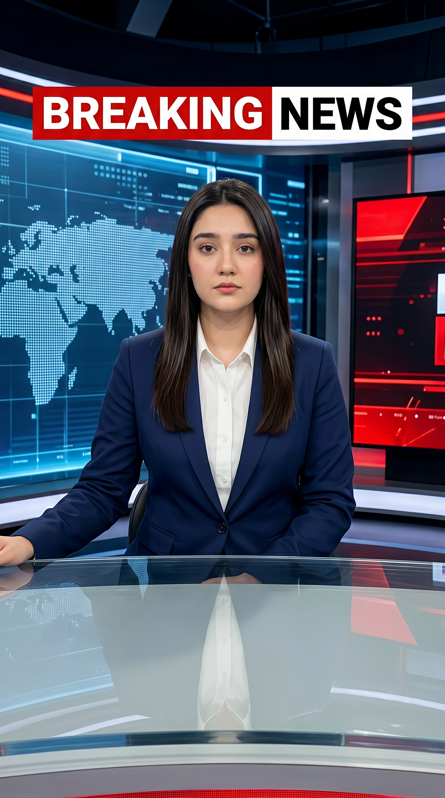 AI Design for Ultra-realistic Indian female news anchor sitting in a modern high-tech television news studio, professional navy blue blazer with white shirt, confident serious expression, looking directly at camera, glossy news desk with laptop, dramatic BREAKING NEWS panel on right side, bold red and black broadcast graphics, LED newsroom lighting, futuristic digital world map background, cinematic lighting, photorealistic skin details, television broadcast quality, Indian news channel aesthetic, breaking news headline in Hindi, large typography, premium newsroom environment, reflections on desk surface, sharp focus, depth of field, highly detailed, 8K, professional journalism, vertical composition. Headline Text: BREAKING NEWS Style: TV news broadcast, photorealistic, ultra detailed, cinematic, HDR, realistic newsroom, professional reporter, news channel graphics, red glowing accents, clean typography, modern media studio. Aspect Ratio: 9:16 (Instagram Reel) Camera: Medium shot, eye-level angle Lighting: Studio broadcast lighting, soft key light, rim light Quality: 8K, ultra realistic, sharp focus, photorealistic No watermark, no logo, no distorted text, no extra fingers, no blur cloth color: navy blue
not any wear ornaments, remove earings
remove hindi text
Straight body, straight face and straight hair
not any dot on face
not any hindi text in break news headline
must be breaking news headline on top center
remove hedline