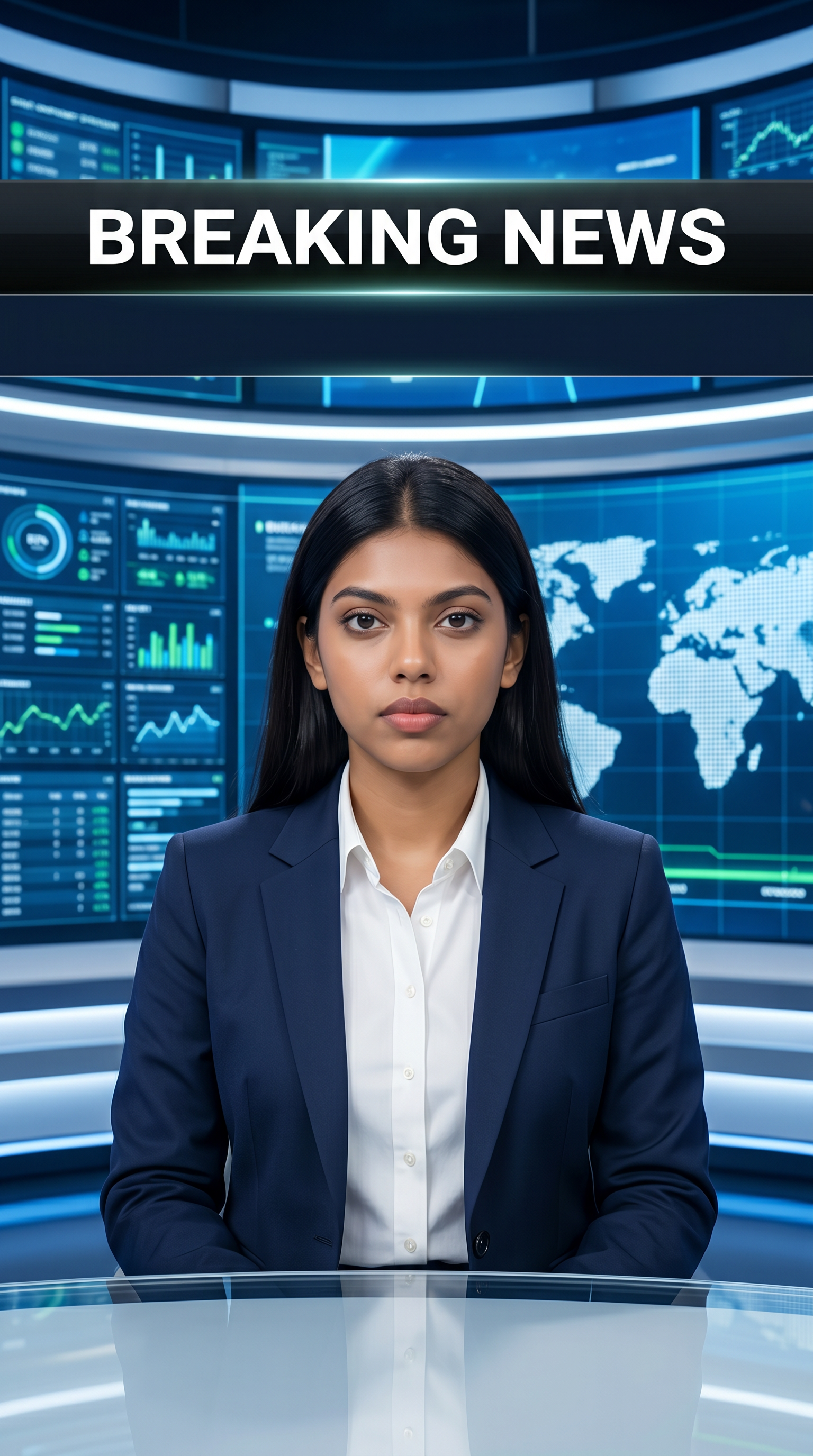AI Design for Ultra-realistic Indian female news anchor sitting in a modern high-tech television news studio, professional navy blue blazer with white shirt, confident serious expression, looking directly at camera, glossy news desk with laptop, dramatic BREAKING NEWS panel on right side, bold red and black broadcast graphics, LED newsroom lighting, futuristic digital world map background, cinematic lighting, photorealistic skin details, television broadcast quality, Indian news channel aesthetic, breaking news headline in Hindi, large typography, premium newsroom environment, reflections on desk surface, sharp focus, depth of field, highly detailed, 8K, professional journalism, vertical composition. Headline Text: BREAKING NEWS Style: TV news broadcast, photorealistic, ultra detailed, cinematic, HDR, realistic newsroom, professional reporter, news channel graphics, red glowing accents, clean typography, modern media studio. Aspect Ratio: 9:16 (Instagram Reel) Camera: Medium shot, eye-level angle Lighting: Studio broadcast lighting, soft key light, rim light Quality: 8K, ultra realistic, sharp focus, photorealistic No watermark, no logo, no distorted text, no extra fingers, no blur cloth color: pista
not any wear ornaments, remove earings
remove hindi text
Straight body, straight face and straight hair
not any dot on face
not any hindi text in break news headline
must be breaking news headline on top center
remove hedline
site taqble