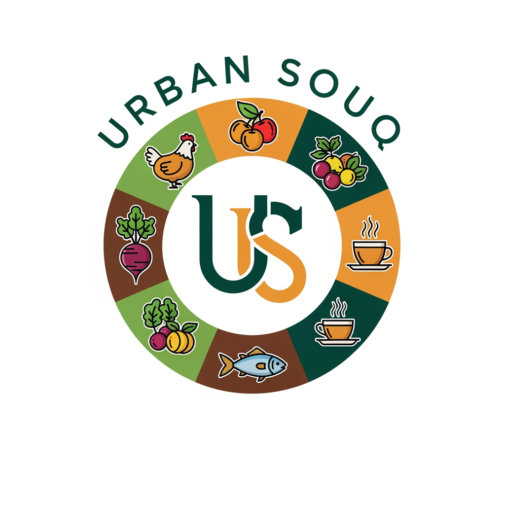 AI Design for OUR URBAN SOUQ COMPANY HAS FRESH CHICKEN STALL,FRESH FRUITS,VEGETABLES,FRESH BEAT STALL.FRESH FISH STALL,TEA SHOP IN ONE COMPOUND,SO NEED A LOGO URBAN SOUQ,U&S BASED