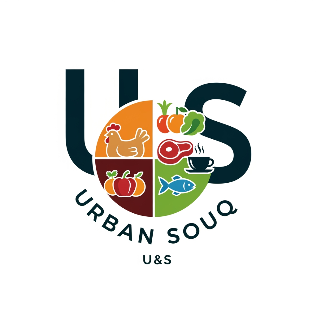 AI Design for OUR URBAN SOUQ COMPANY HAS FRESH CHICKEN STALL,FRESH FRUITS,VEGETABLES,FRESH BEAT STALL.FRESH FISH STALL,TEA SHOP IN ONE COMPOUND,SO NEED A LOGO URBAN SOUQ,U&S BASED