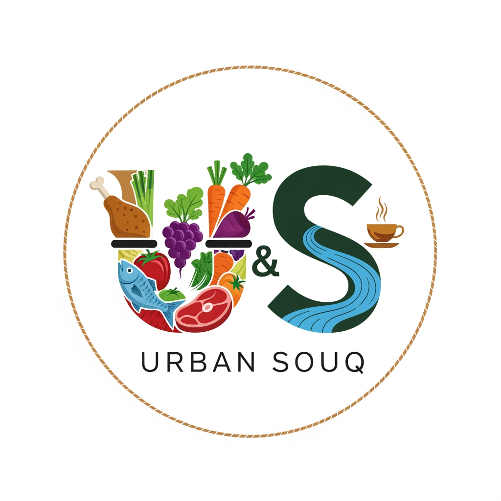 AI Design for OUR URBAN SOUQ COMPANY HAS FRESH CHICKEN STALL,FRESH FRUITS,VEGETABLES,FRESH BEAT STALL.FRESH FISH STALL,TEA SHOP IN ONE COMPOUND,SO NEED A LOGO URBAN SOUQ,U&S BASED