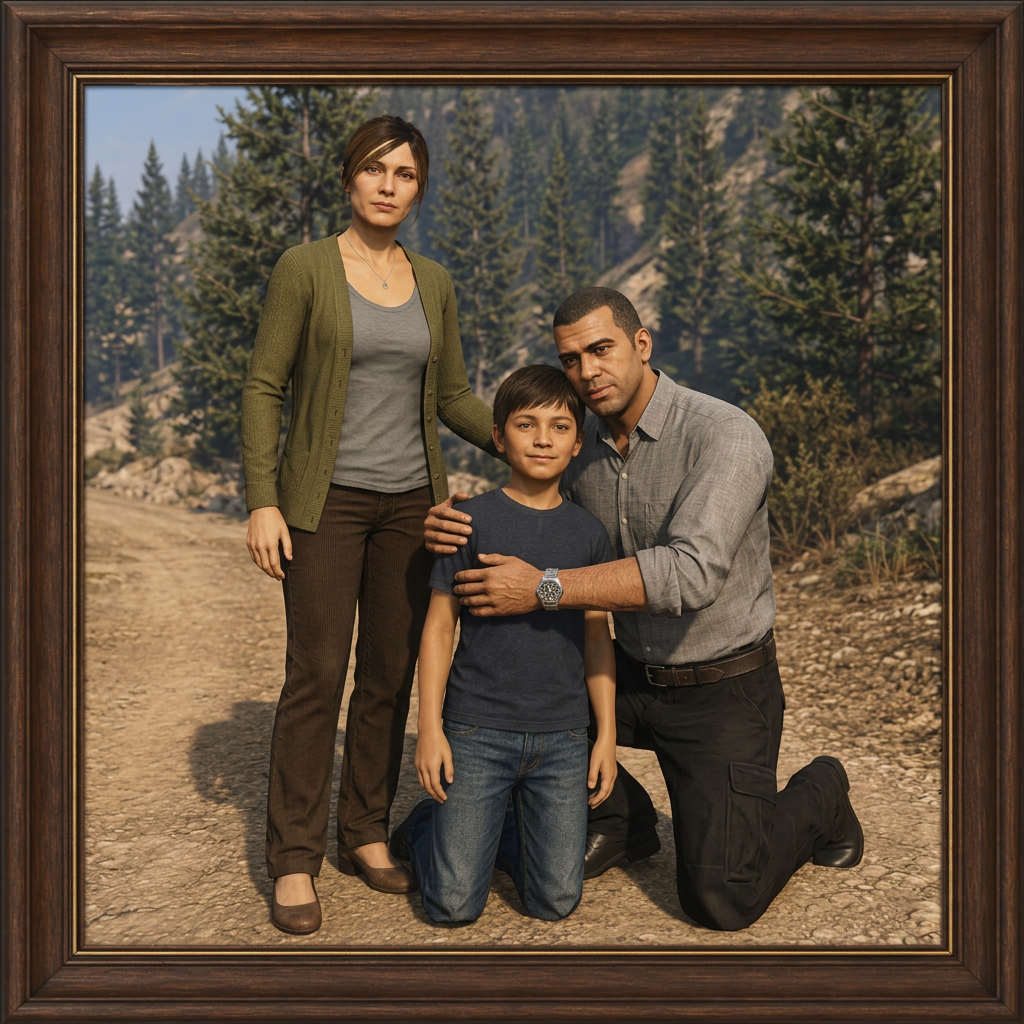 AI Design for Most a harmadik képen is csináld meg...Legyen a szülőknek más roházata,az apa térdelve karolja át a fiút.És ezis legyen GTA V motorral-GTA V grafikával