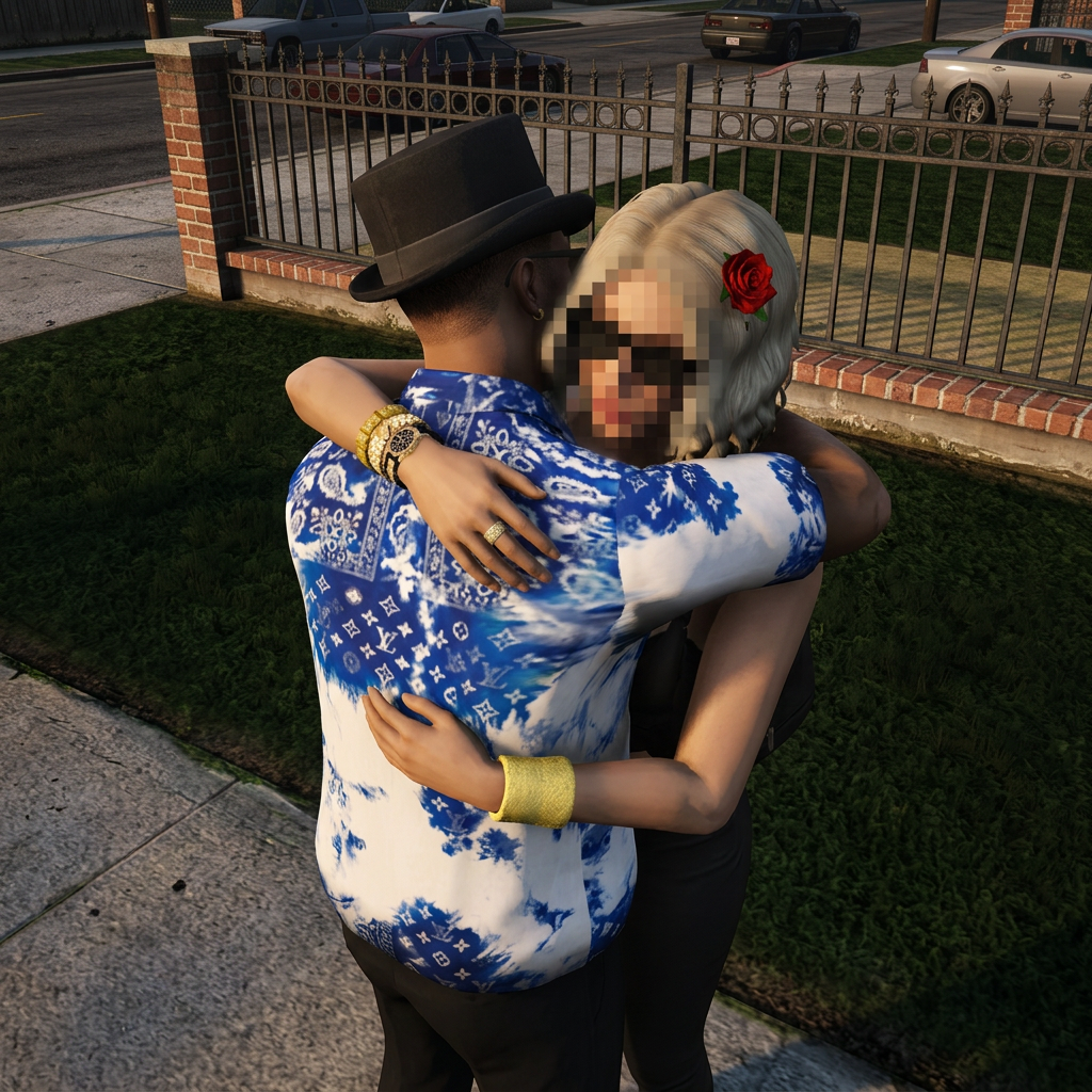 AI Design for ezt csináld meg úgy,mintha ölelkeznének,viszont a nő arca legyen elsatirozva.Maga a kép legyen a GTA V motorjával,GTA V grafikájával