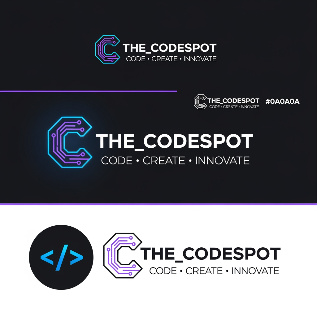 AI Design for Create a premium, modern, and memorable logo for a software development and coding brand called "The_CodeSpot".
The brand focuses on programming tutorials, coding projects, web development, mobile app development, AI projects, software engineering content, and technology education.
Design a unique logo featuring a creative combination of:
Code brackets </>
Curly braces {}
A modern tech-inspired symbol
Clean geometric shapes
Typography:
Bold futuristic font
"The_CodeSpot" prominently displayed
Professional startup-style branding
Color Scheme:
Electric Blue (#00D4FF)
Neon Purple (#8B5CF6)
Dark Black background (#0A0A0A)
White accents
Style:
Minimalist
Modern Technology
Flat Vector Design
Clean and Professional
Suitable for YouTube, Instagram, LinkedIn, Website, and GitHub
Icon Concept:
A glowing code bracket </> integrated into the letter "C" or "S"
Subtle circuit board lines
Modern developer aesthetic
Deliver:
Transparent background
Vector SVG style
Dark and light versions
Social media profile icon
Website header logo
Ultra high resolution 4K
Tagline Ideas
Code • Create • Innovate
Your Ultimate Coding Hub
Where Ideas Become Software
Building the Future with Code
Learn, Build, Deploy
