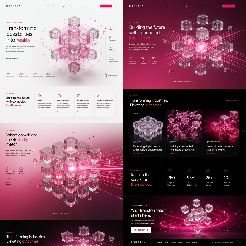 AI Design for Floating transparent glass cubes connected by glowing hot pink energy lines, tiny particles orbiting around, premium technology ecosystem visualization, white seamless studio background, subtle reflections, Apple product photography style, octane render, photorealistic, minimal luxury design, clean composition