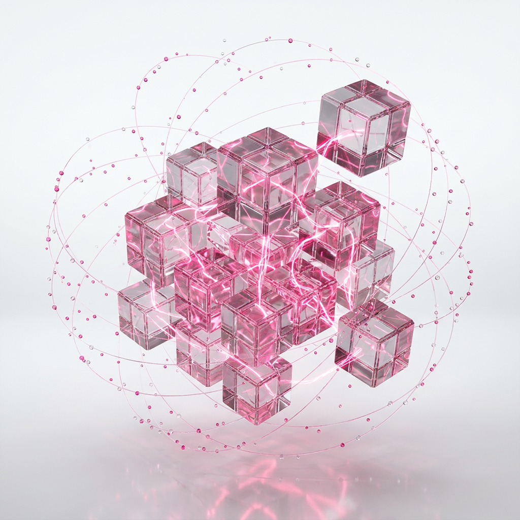 AI Design for Floating transparent glass cubes connected by glowing hot pink energy lines, tiny particles orbiting around, premium technology ecosystem visualization, white seamless studio background, subtle reflections, Apple product photography style, octane render, photorealistic, minimal luxury design, clean composition