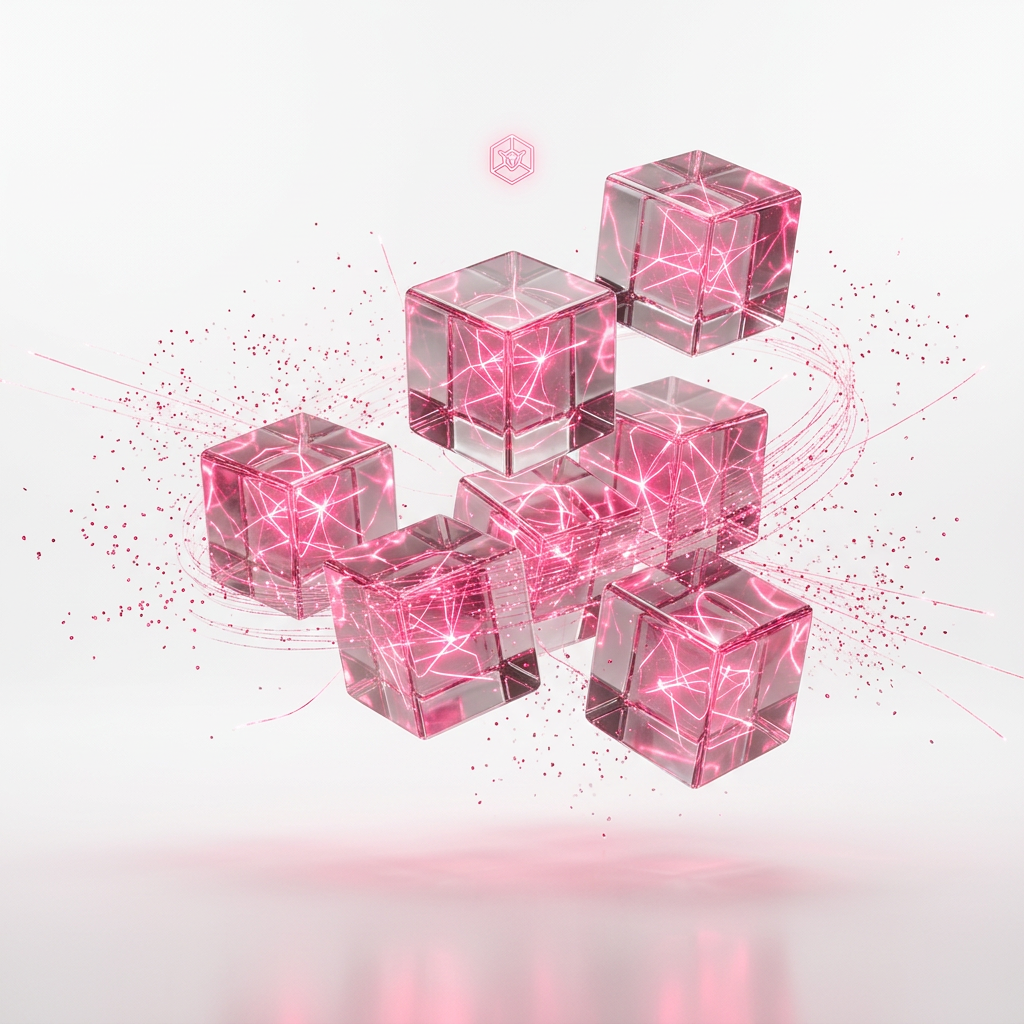 AI Design for Floating transparent glass cubes with glowing hot pink energy lines rinside and adiating, tiny particles orbiting around, premium technology ecosystem visualization, white seamless studio background, subtle reflections, Apple product photography style, octane render, photorealistic, minimal luxury design, clean composition