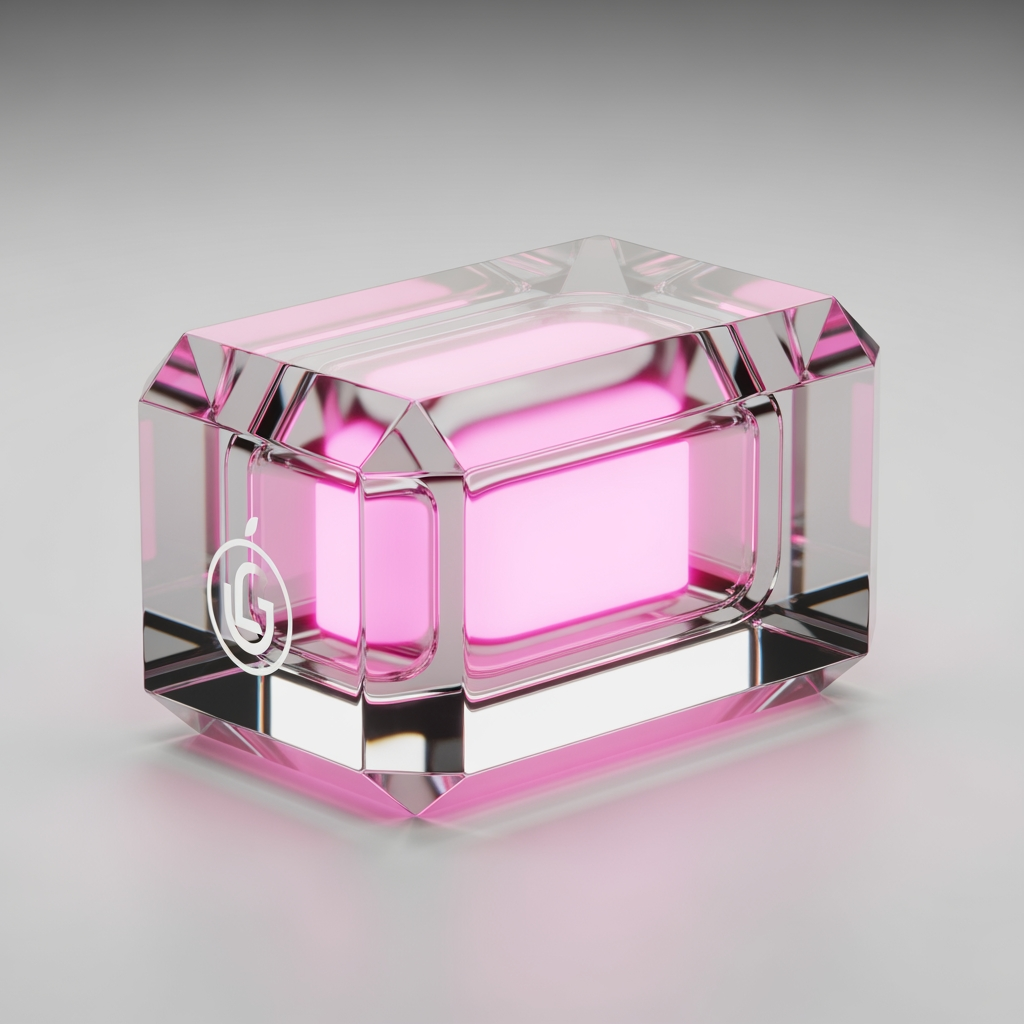 AI Design for transparent borosilicate glass, thick beveled edges, internal hot pink energy, soft volumetric lighting, realistic caustics, Apple industrial design language, luxury technology branding, octane render, photorealistic, minimal white studio background