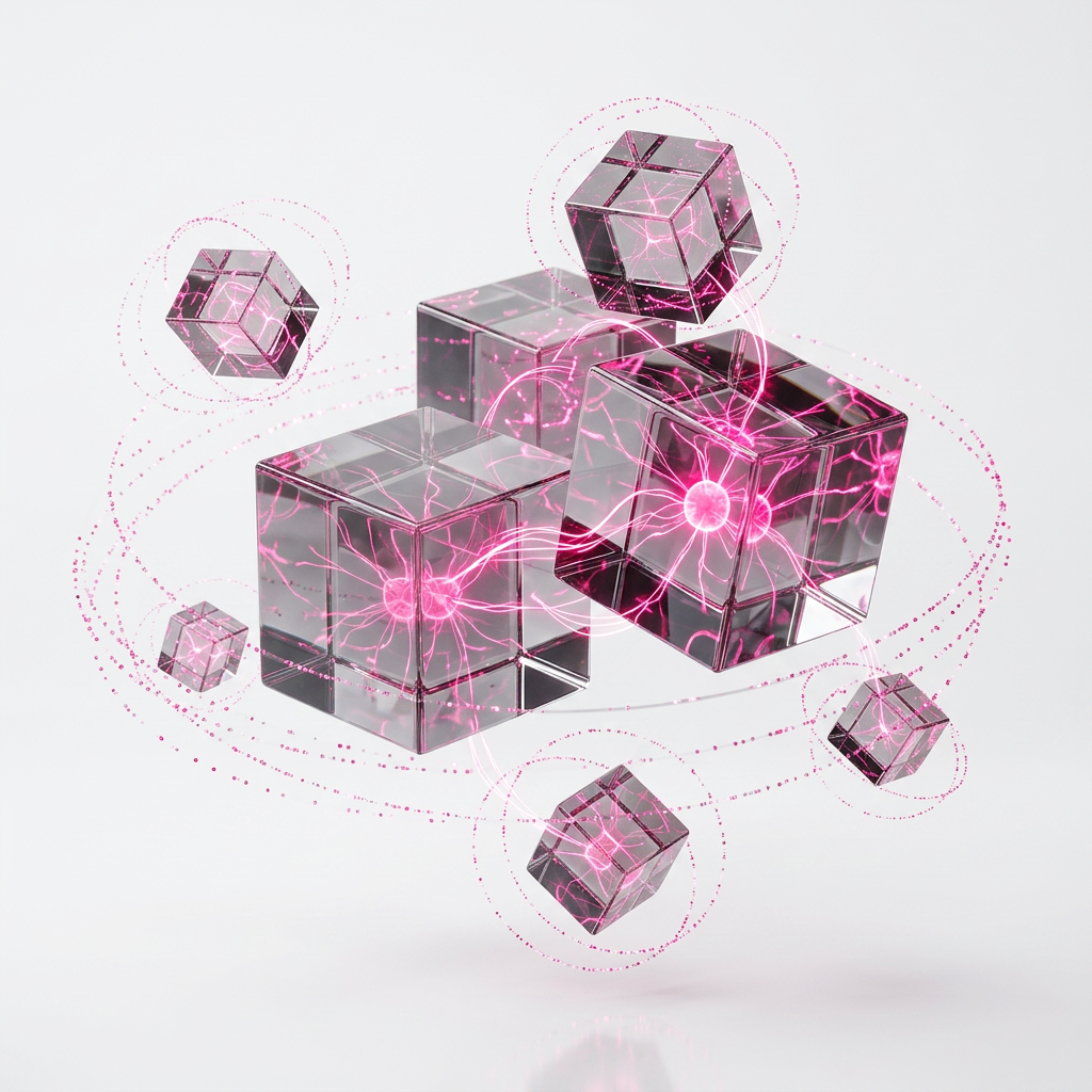 AI Design for Floating transparent glass cubes with glowing hot pink energy lines rinside and adiating, tiny particles orbiting around, premium technology ecosystem visualization, white seamless studio background, subtle reflections, Apple product photography style, octane render, photorealistic, minimal luxury design, clean composition