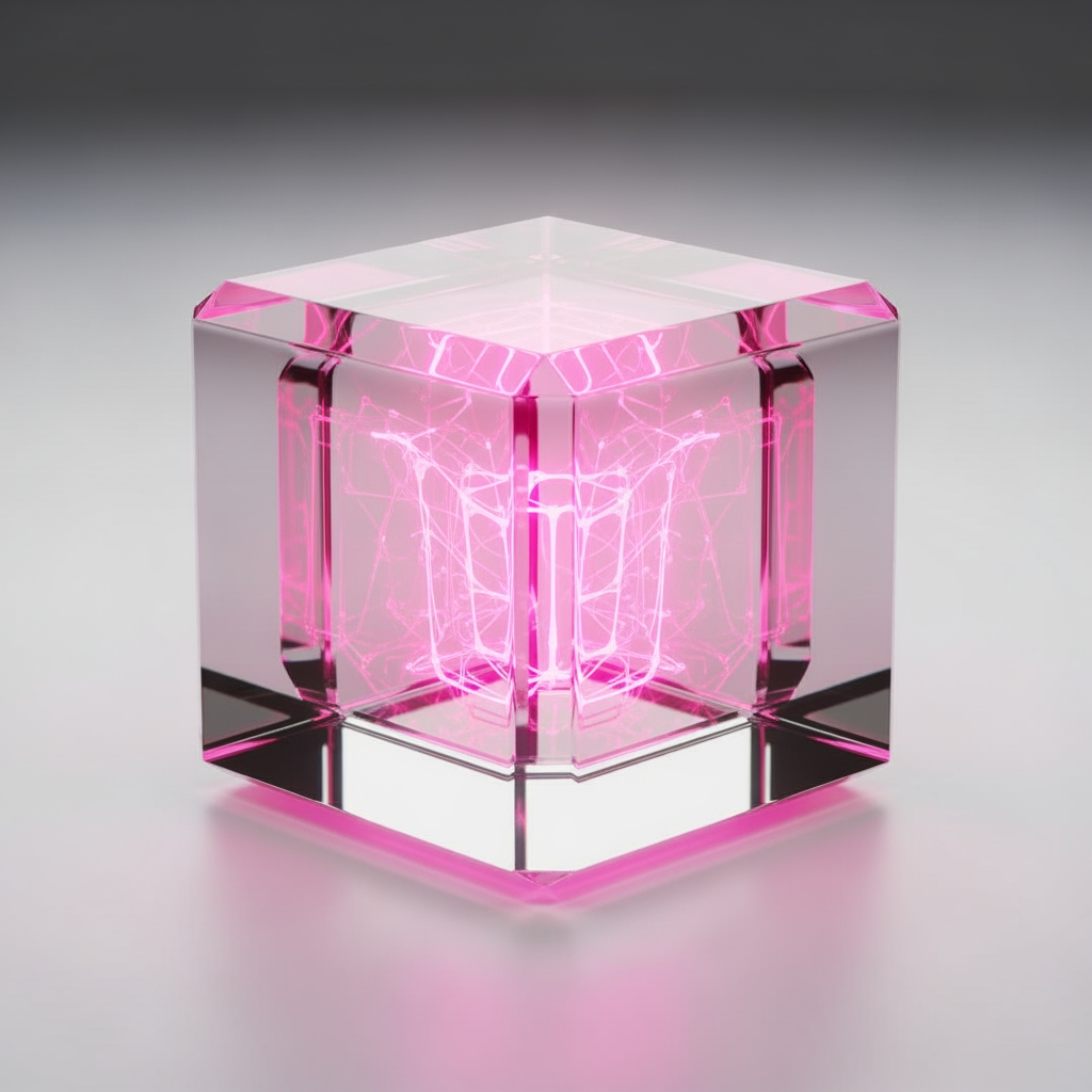 AI Design for transparent borosilicate glass, thick beveled edges, internal hot pink energy, soft volumetric lighting, realistic caustics, Apple industrial design language, luxury technology branding, octane render, photorealistic, minimal white studio background