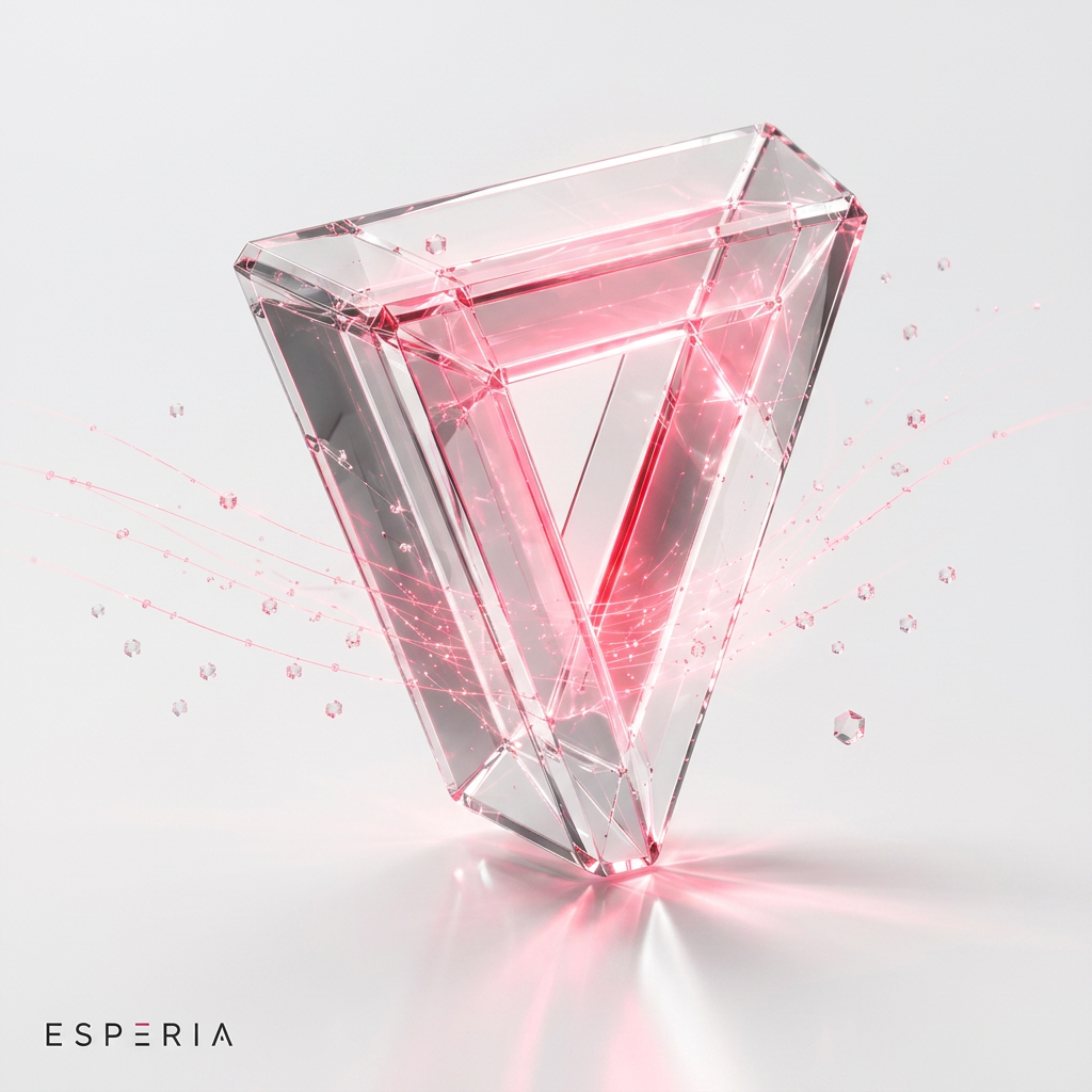 AI Design for Luxury technology brand hero object, transparent borosilicate glass sculpture with impossible geometry, internal hot pink glow, floating in a minimal white studio with subtle gray gradients, Apple industrial design language, Nothing aesthetic, Vercel minimalism, editorial composition, ultra realistic octane render, premium product photography, soft reflections, caustics, clean modern design. transparent borosilicate glass, thick beveled edges, internal hot pink energy, soft volumetric lighting, realistic caustics, Apple industrial design language, luxury technology branding, octane render, photorealistic, minimal white studio background