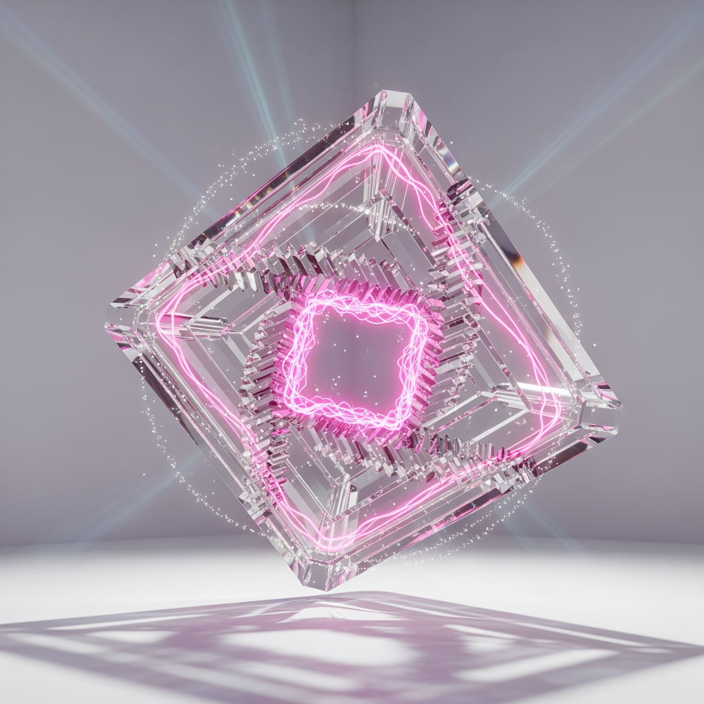 AI Design for An impossible Penrose-inspired portal sculpture made of transparent borosilicate crystal glass with thick beveled edges, floating in a minimal white studio environment, internal hot pink energy flowing through transparent channels, subtle glowing particles orbiting around the object, soft volumetric lighting, realistic caustics, premium Apple industrial design aesthetic, futuristic technology brand identity, ultra detailed octane render, photorealistic, luxury product visualization, clean background, soft shadows, 8k