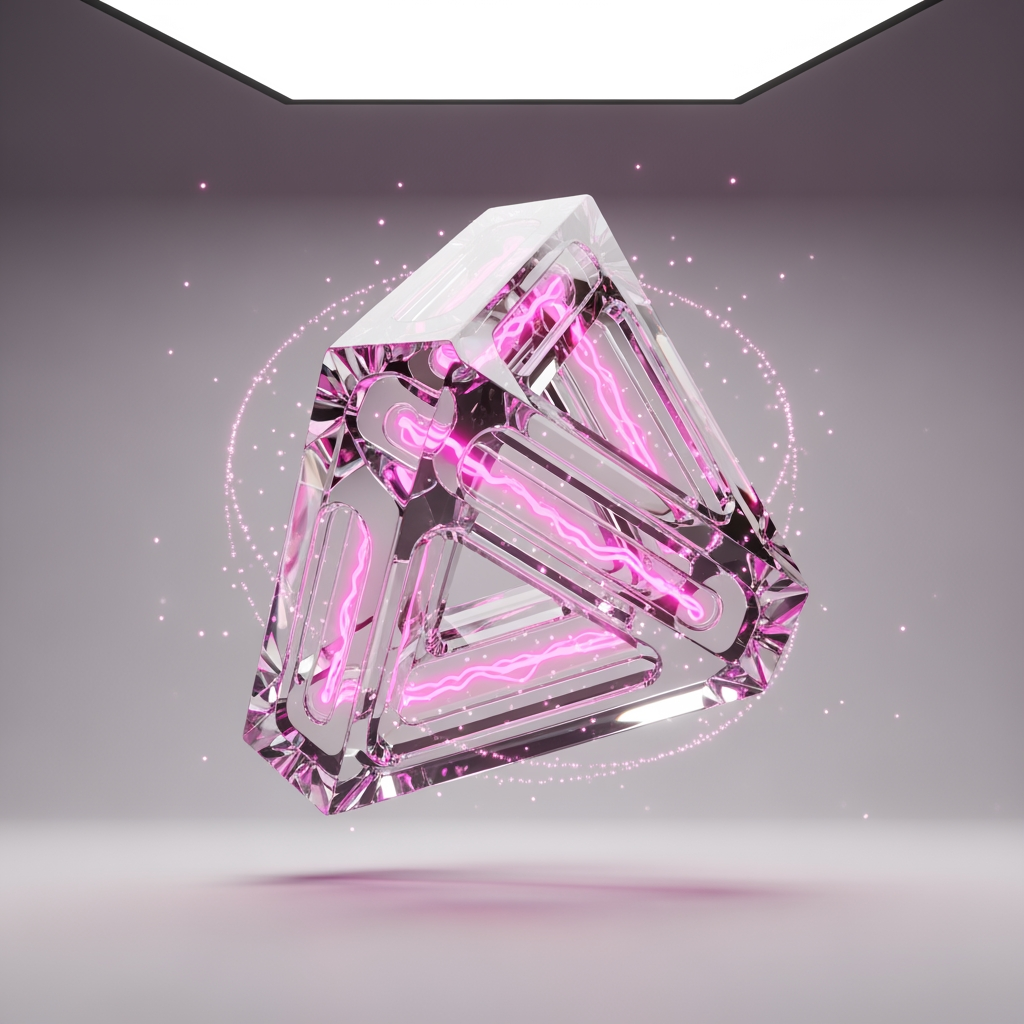 AI Design for An impossible Penrose-inspired portal sculpture made of transparent borosilicate crystal glass with thick beveled edges, floating in a minimal white studio environment, internal hot pink energy flowing through transparent channels, subtle glowing particles orbiting around the object, soft volumetric lighting, realistic caustics, premium Apple industrial design aesthetic, futuristic technology brand identity, ultra detailed octane render, photorealistic, luxury product visualization, clean background, soft shadows, 8k