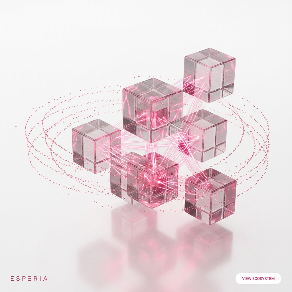 AI Design for Floating transparent glass cubes connected by glowing hot pink energy lines, tiny particles orbiting around, premium technology ecosystem visualization, white seamless studio background, subtle reflections, Apple product photography style, octane render, photorealistic, minimal luxury design, clean composition