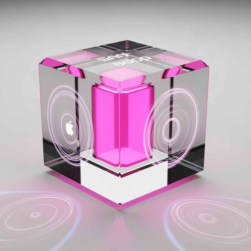 AI Design for transparent borosilicate glass, thick beveled edges, internal hot pink energy, soft volumetric lighting, realistic caustics, Apple industrial design language, luxury technology branding, octane render, photorealistic, minimal white studio background