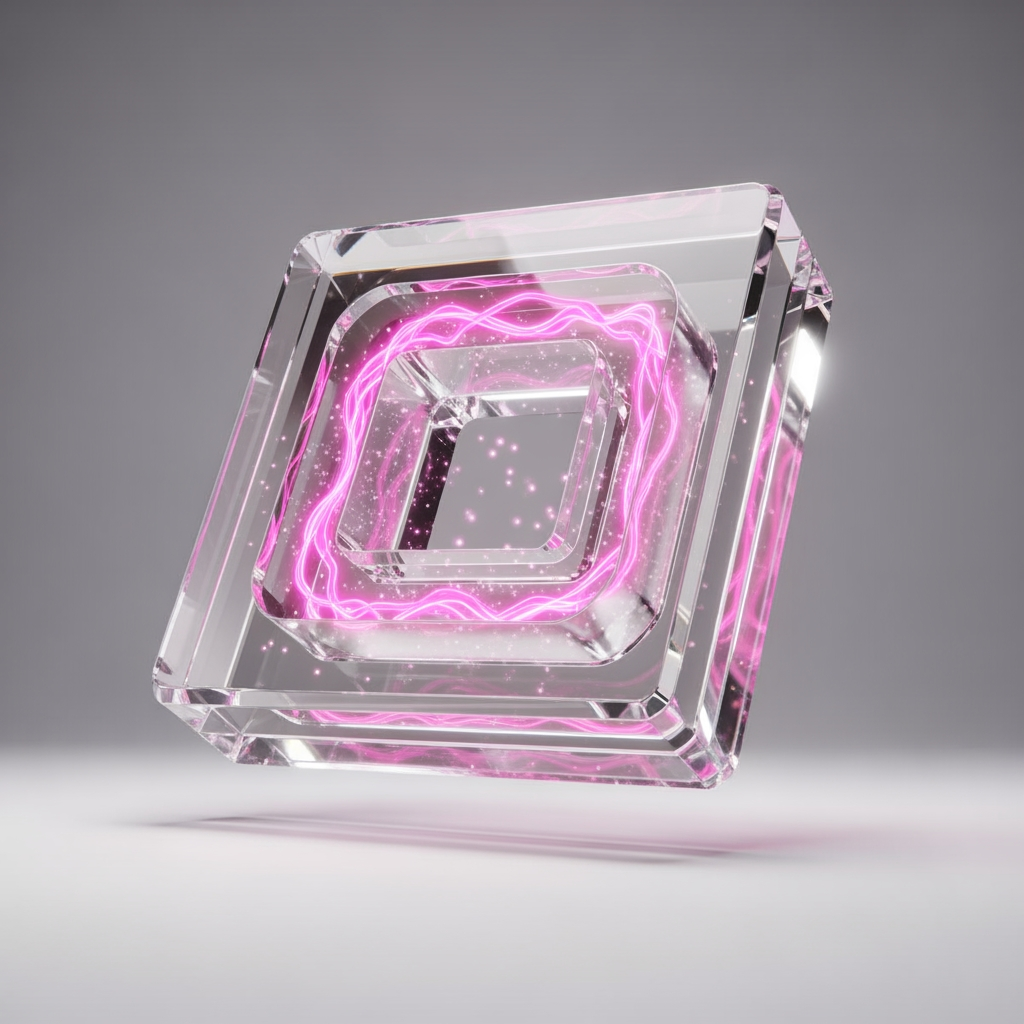 AI Design for An impossible Penrose-inspired portal sculpture made of transparent borosilicate crystal glass with thick beveled edges, floating in a minimal white studio environment, internal hot pink energy flowing through transparent channels, subtle glowing particles orbiting around the object, soft volumetric lighting, realistic caustics, premium Apple industrial design aesthetic, futuristic technology brand identity, ultra detailed octane render, photorealistic, luxury product visualization, clean background, soft shadows, 8k