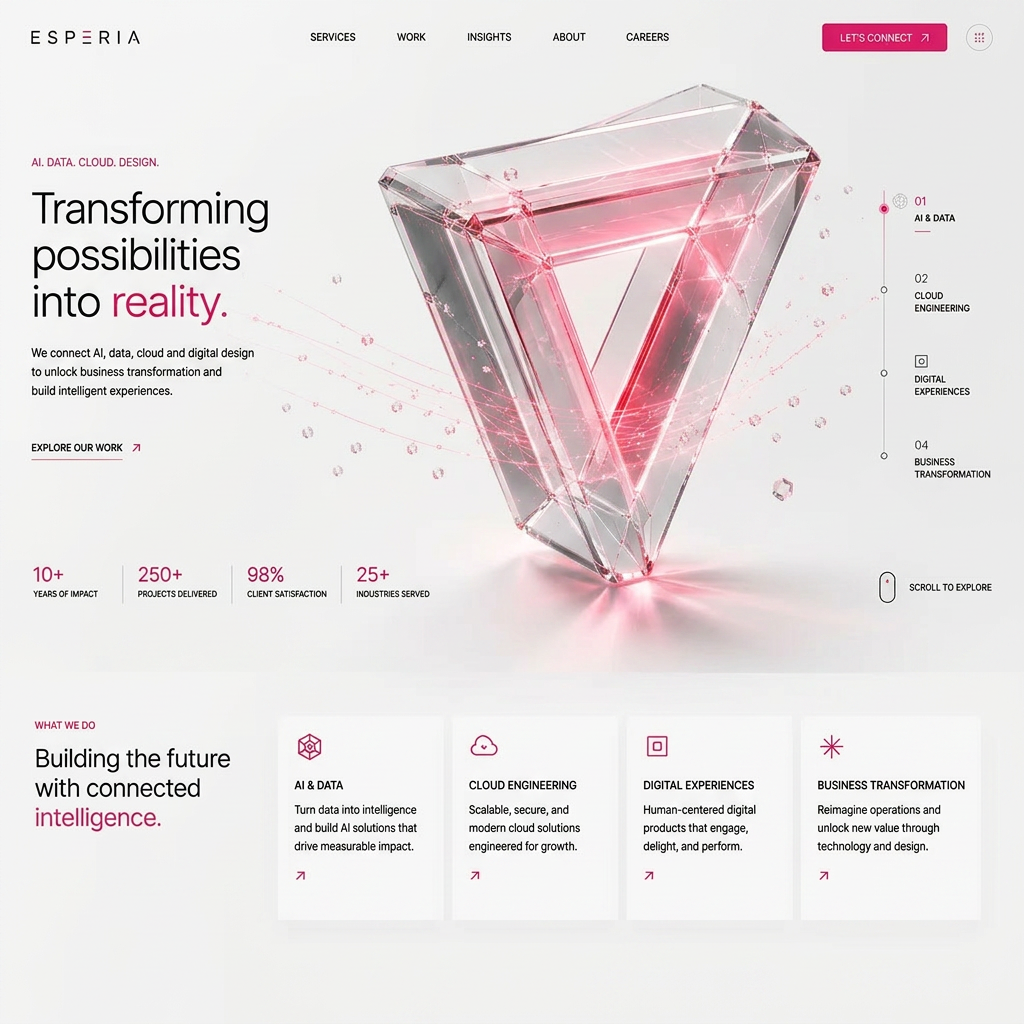 AI Design for Luxury technology brand hero object, transparent borosilicate glass sculpture with impossible geometry, internal hot pink glow, floating in a minimal white studio with subtle gray gradients, Apple industrial design language, Nothing aesthetic, Vercel minimalism, editorial composition, ultra realistic octane render, premium product photography, soft reflections, caustics, clean modern design. transparent borosilicate glass, thick beveled edges, internal hot pink energy, soft volumetric lighting, realistic caustics, Apple industrial design language, luxury technology branding, octane render, photorealistic, minimal white studio background