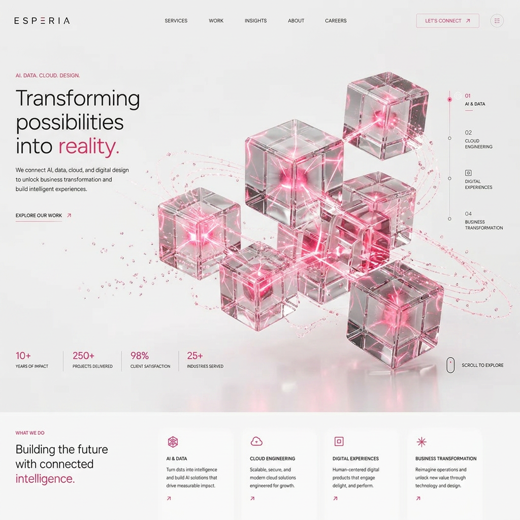 AI Design for Floating transparent glass cubes with glowing hot pink energy lines rinside and adiating, tiny particles orbiting around, premium technology ecosystem visualization, white seamless studio background, subtle reflections, Apple product photography style, octane render, photorealistic, minimal luxury design, clean composition