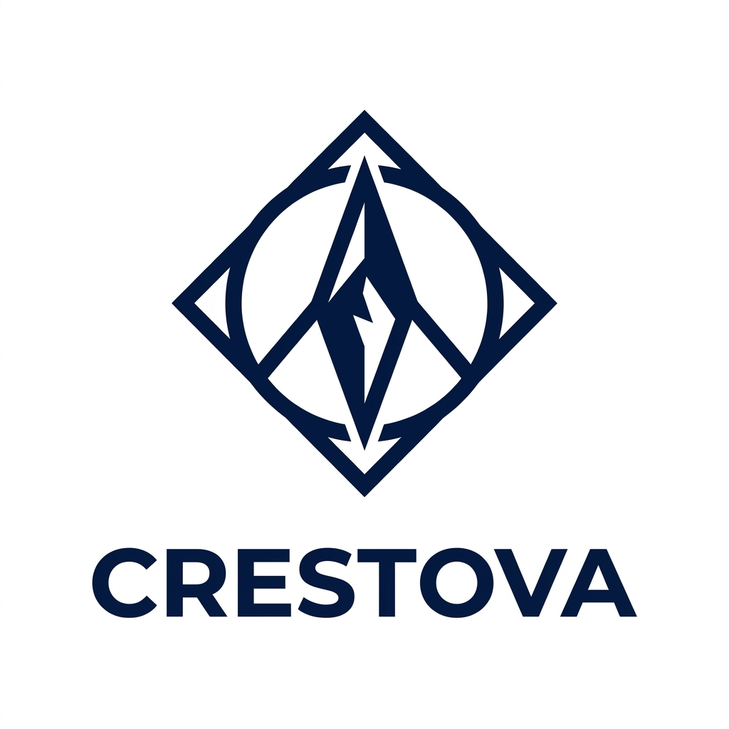 AI Design for A professional, modern, and minimalist vector logo for a travel agency named 'CRESTOVA'. The logo should feature a single, clever icon combining the shape of a stylized compass needle and a mountain peak using negative space. Use bold, clean lines with no gradient, shadows, or 3D effects. The design should be flat, symmetrical, and sophisticated. Pair it with a high-end, modern sans-serif typography for the word 'CRESTOVA'. The color palette should be deep navy blue and crisp white. High-contrast, scalable design, white background.