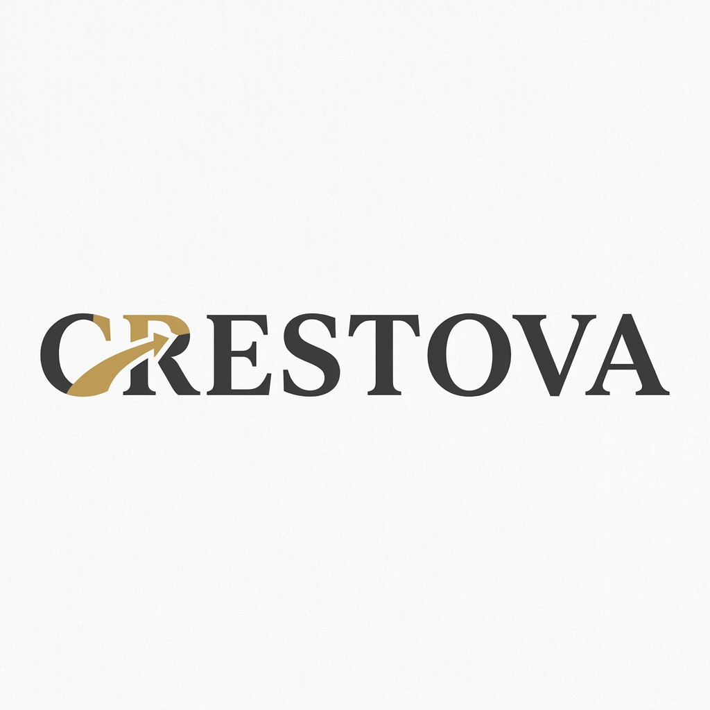 AI Design for A clean, high-end wordmark logo for a travel company called 'CRESTOVA'. The focus is on the custom typography. The letter 'C' is subtly integrated with a stylized arrow or path motif. The font should be a custom, elegant, and strong serif font with generous spacing. The overall look is established, trustworthy, and premium. No illustrative icons, no 3D, no drop shadows. Strictly flat design. Color palette: Charcoal gray and gold (represented as a flat, solid color, not a gradient). Minimalist, clean, luxury branding.