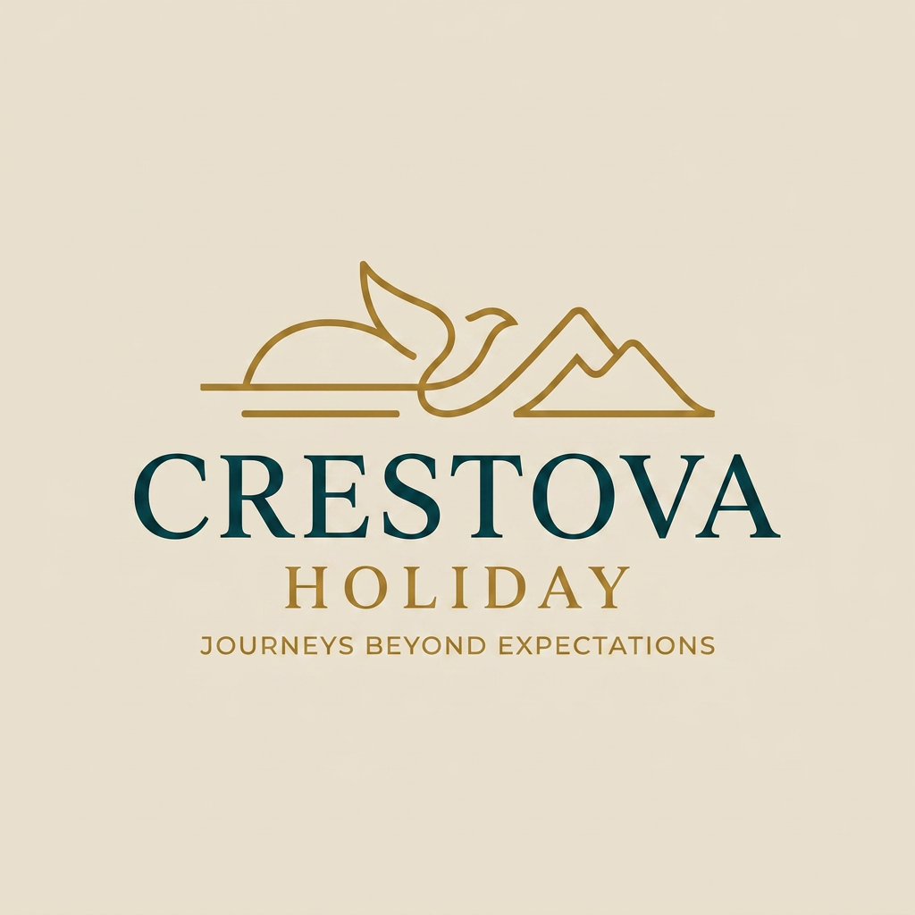 AI Design for A sophisticated, flat, and iconic brand mark for 'CRESTOVA'. The design should be an abstract emblem capturing the essence of movement—perhaps an elegant, continuous line drawing that subtly merges a horizon line, a bird in flight, and a mountain silhouette. The design should look like a high-end fashion or luxury travel logo. Solid colors, no textures, no 3D rendering. Clean typography underneath in a balanced, luxurious serif font. Professional brand identity design, vector style, minimalist aesthetic.