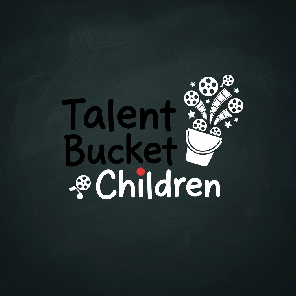 AI Design for Make Talent Bucket Black in colour and Children in white and the dot on children in i make it red. and other elements in white . also in the bucket emmiting out the stars, replace it with film reels