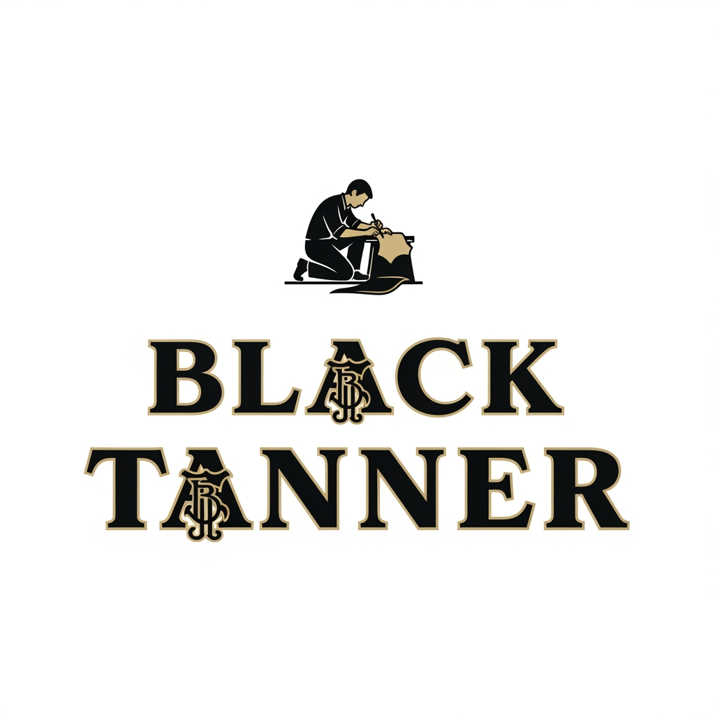 AI Design for A luxury brand logo for "Black Tanner", a premium leather goods company. The logo features a bold, elegant wordmark with the text "BLACK TANNER" in strong serif or slab-serif typography, deep black and gold color palette. Centered above or integrated with the text is a refined emblem of a craftsman on one knee, working on a leather piece — depicted in a minimalist, iconic style similar to high-end heritage brand badges. The craftsman silhouette is stylized and classy, not cartoonish. The letters "B" and "T" are subtly emphasized or monogrammed. Overall feel: old-world luxury, artisanal craftsmanship, rich and timeless. Style similar to Berluti, Louis Vuitton, or Coach branding. White or dark background. Vector-style illustration.
