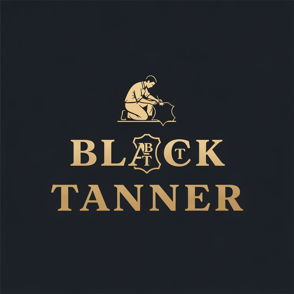 AI Design for A luxury brand logo for "Black Tanner", a premium leather goods company. The logo features a bold, elegant wordmark with the text "BLACK TANNER" in strong serif or slab-serif typography, deep black and gold color palette. Centered above or integrated with the text is a refined emblem of a craftsman on one knee, working on a leather piece — depicted in a minimalist, iconic style similar to high-end heritage brand badges. The craftsman silhouette is stylized and classy, not cartoonish. The letters "B" and "T" are subtly emphasized or monogrammed. Overall feel: old-world luxury, artisanal craftsmanship, rich and timeless. Style similar to Berluti, Louis Vuitton, or Coach branding. White or dark background. Vector-style illustration.