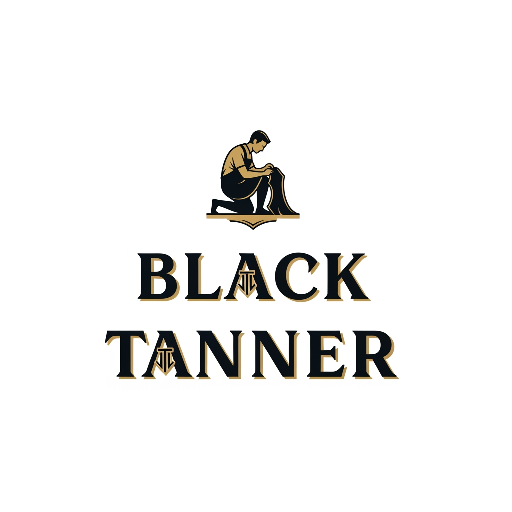 AI Design for A luxury brand logo for "Black Tanner", a premium leather goods company. The logo features a bold, elegant wordmark with the text "BLACK TANNER" in strong serif or slab-serif typography, deep black and gold color palette. Centered above or integrated with the text is a refined emblem of a craftsman on one knee, working on a leather piece — depicted in a minimalist, iconic style similar to high-end heritage brand badges. The craftsman silhouette is stylized and classy, not cartoonish. The letters "B" and "T" are subtly emphasized or monogrammed. Overall feel: old-world luxury, artisanal craftsmanship, rich and timeless. Style similar to Berluti, Louis Vuitton, or Coach branding. White or dark background. Vector-style illustration.