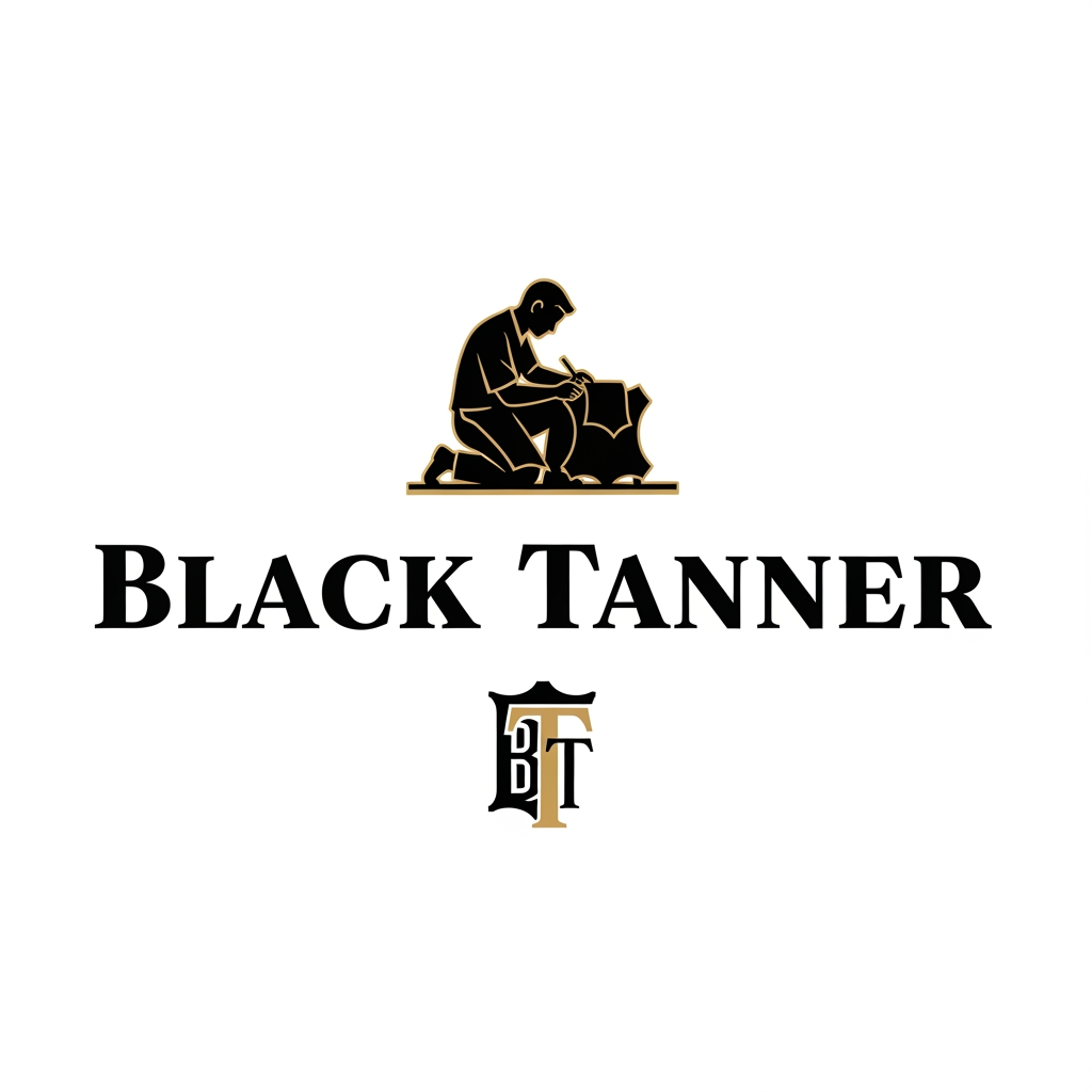 AI Design for A luxury brand logo for "Black Tanner", a premium leather goods company. The logo features a bold, elegant wordmark with the text "BLACK TANNER" in strong serif or slab-serif typography, deep black and gold color palette. Centered above or integrated with the text is a refined emblem of a craftsman on one knee, working on a leather piece — depicted in a minimalist, iconic style similar to high-end heritage brand badges. The craftsman silhouette is stylized and classy, not cartoonish. The letters "B" and "T" are subtly emphasized or monogrammed. Overall feel: old-world luxury, artisanal craftsmanship, rich and timeless. Style similar to Berluti, Louis Vuitton, or Coach branding. White or dark background. Vector-style illustration.