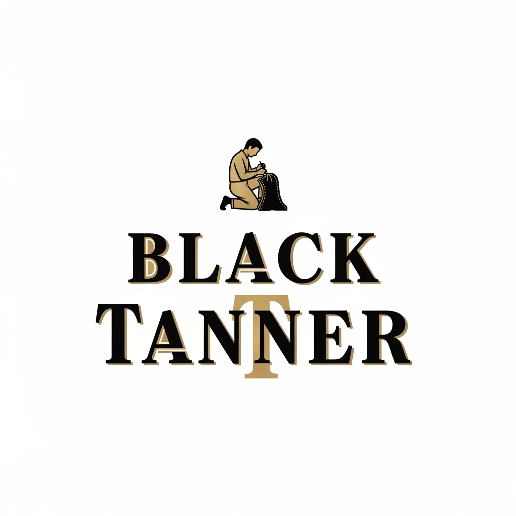 AI Design for A luxury brand logo for "Black Tanner", a premium leather goods company. The logo features a bold, elegant wordmark with the text "BLACK TANNER" in strong serif or slab-serif typography, deep black and gold color palette. Centered above or integrated with the text is a refined emblem of a craftsman on one knee, working on a leather piece — depicted in a minimalist, iconic style similar to high-end heritage brand badges. The craftsman silhouette is stylized and classy, not cartoonish. The letters "B" and "T" are subtly emphasized or monogrammed. Overall feel: old-world luxury, artisanal craftsmanship, rich and timeless. Style similar to Berluti, Louis Vuitton, or Coach branding. White or dark background. Vector-style illustration.