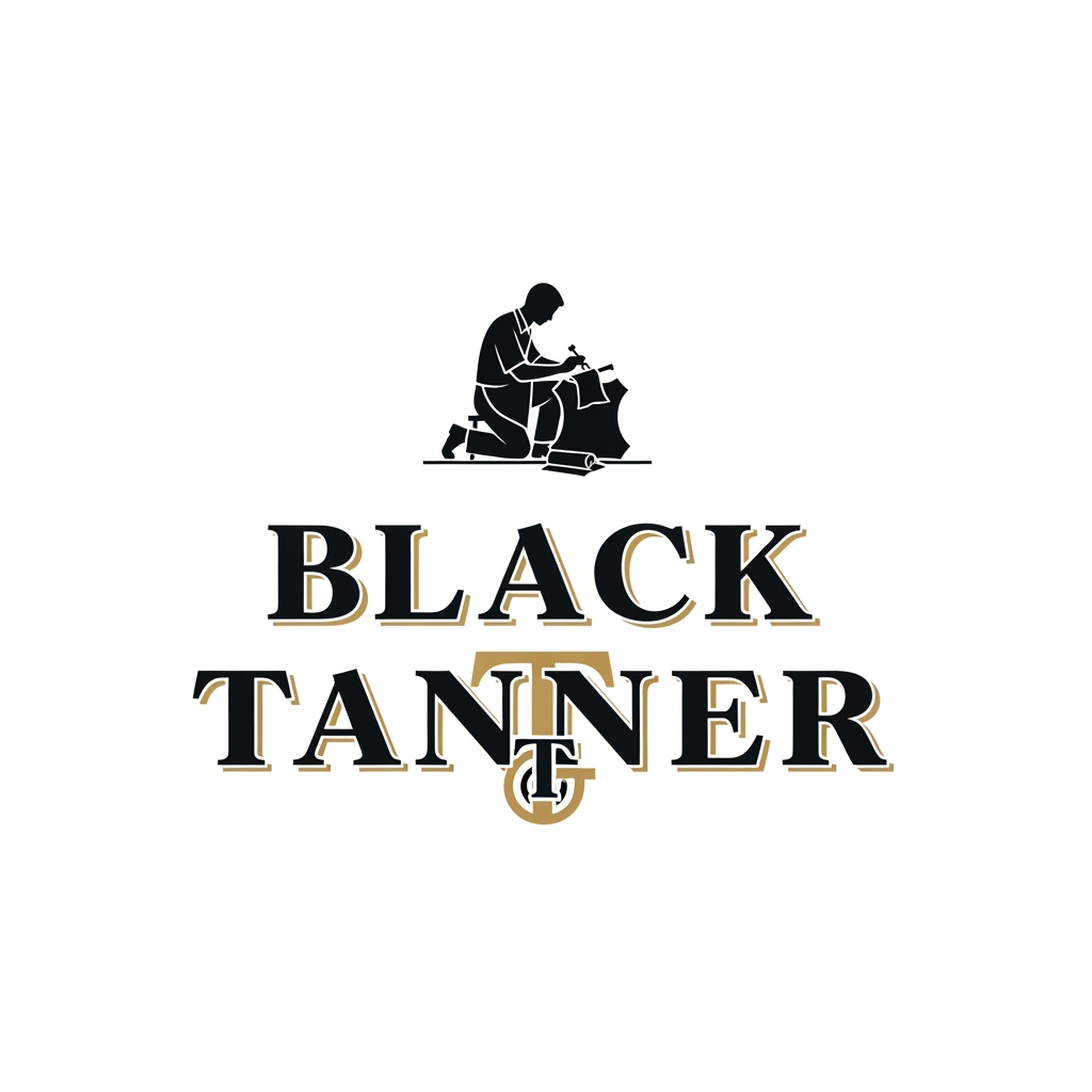 AI Design for A luxury brand logo for "Black Tanner", a premium leather goods company. The logo features a bold, elegant wordmark with the text "BLACK TANNER" in strong serif or slab-serif typography, deep black and gold color palette. Centered above or integrated with the text is a refined emblem of a craftsman on one knee, working on a leather piece — depicted in a minimalist, iconic style similar to high-end heritage brand badges. The craftsman silhouette is stylized and classy, not cartoonish. The letters "B" and "T" are subtly emphasized or monogrammed. Overall feel: old-world luxury, artisanal craftsmanship, rich and timeless. Style similar to Berluti, Louis Vuitton, or Coach branding. White or dark background. Vector-style illustration.